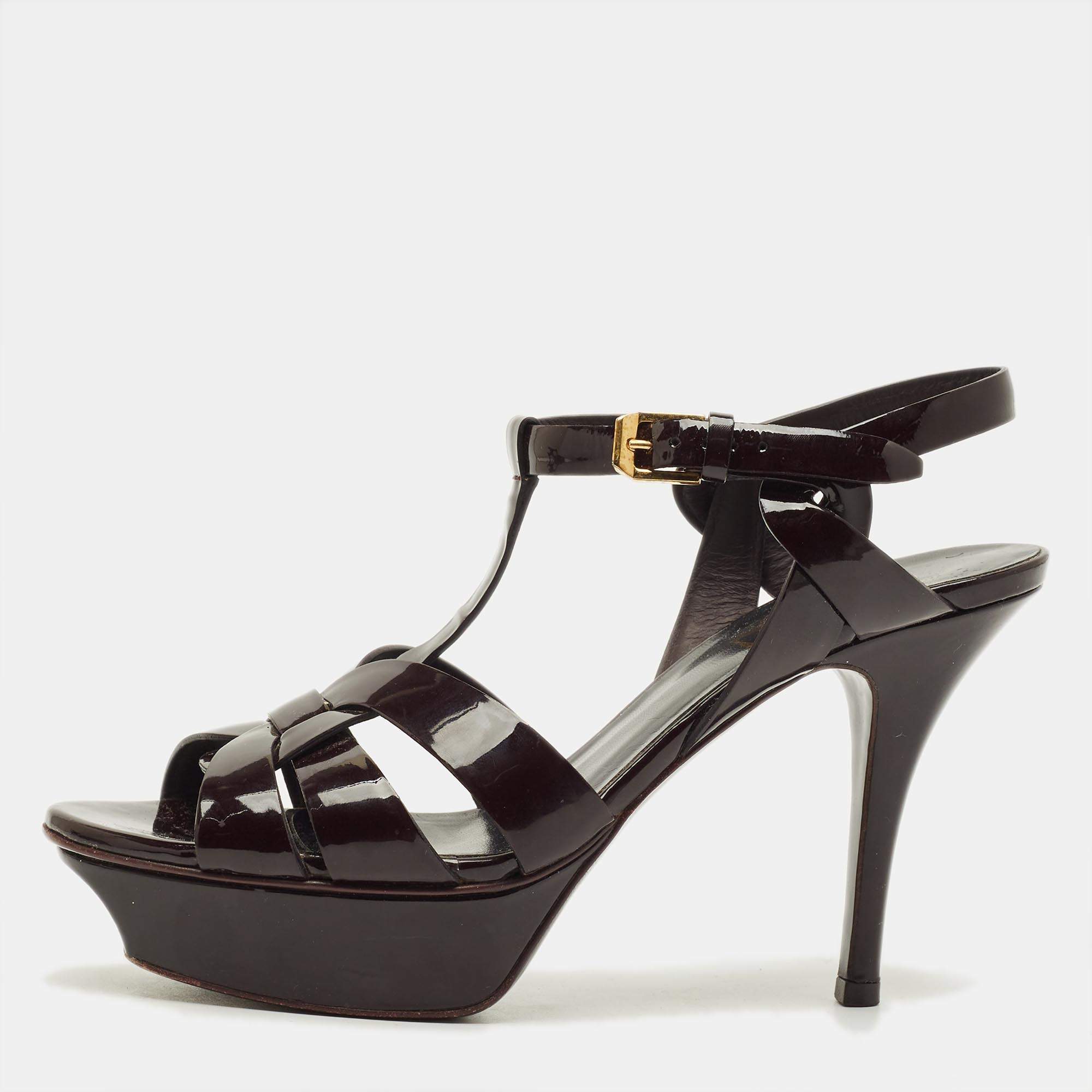 Pre Owned Saint Laurent Burgundy Patent Leather Tribute Platform Sandals Size 37.5