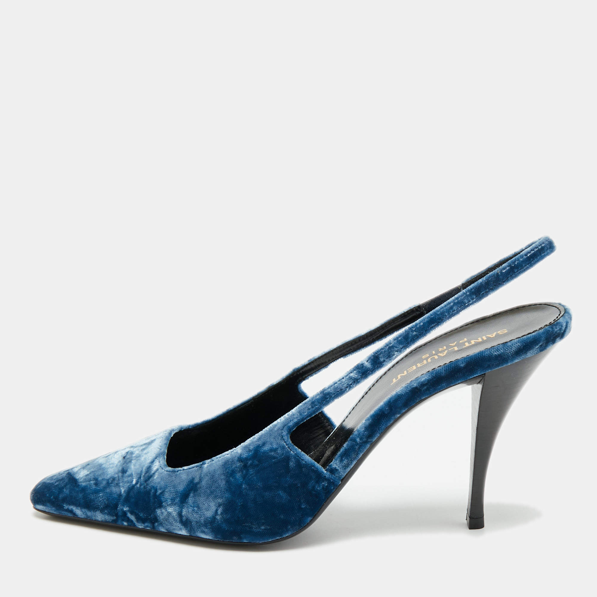 Pre Owned Saint Laurent Size 38 Navy Blue Velvet Slingback Pumps