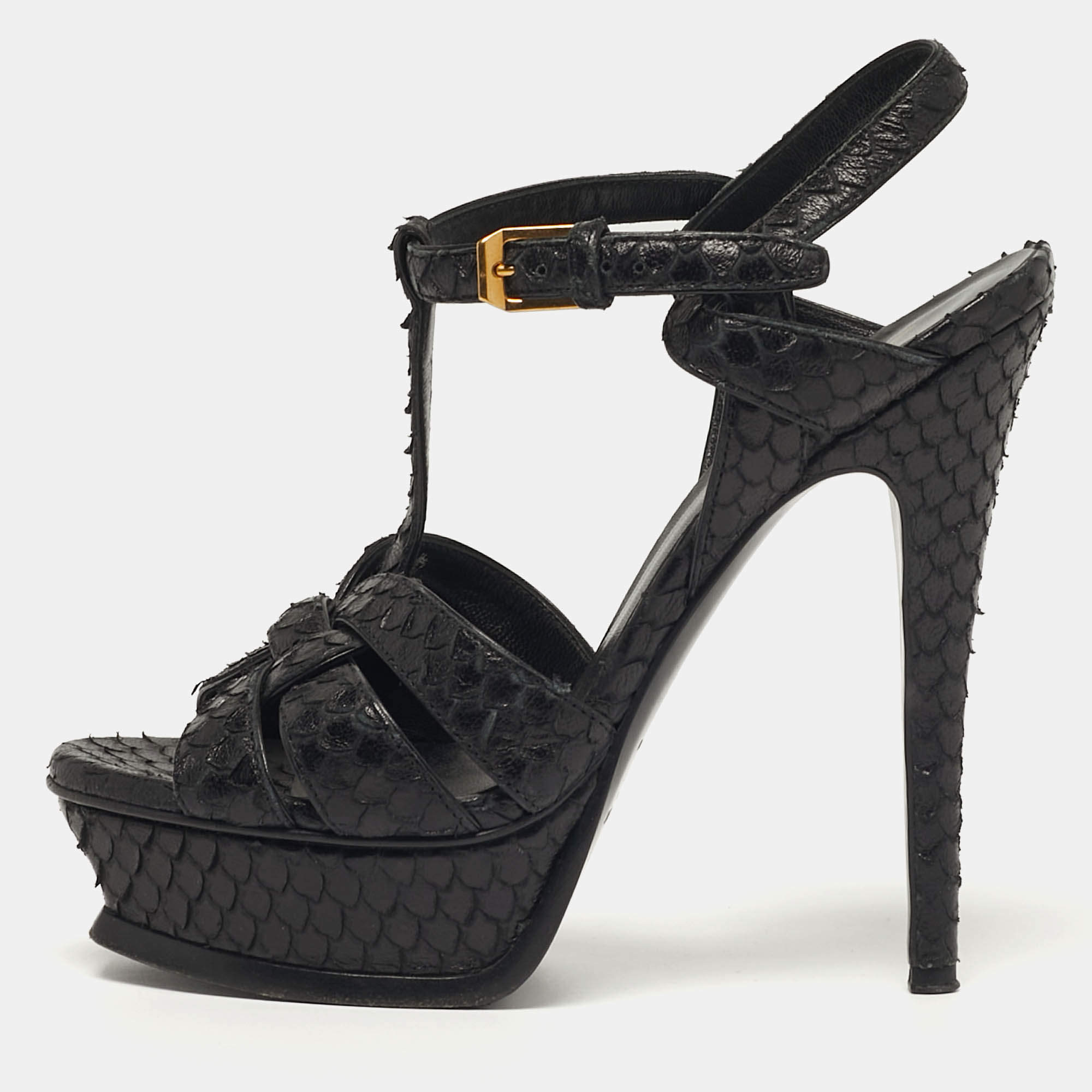 Pre Owned Saint Laurent Size 35 Black Python Embossed Leather Platform Sandals