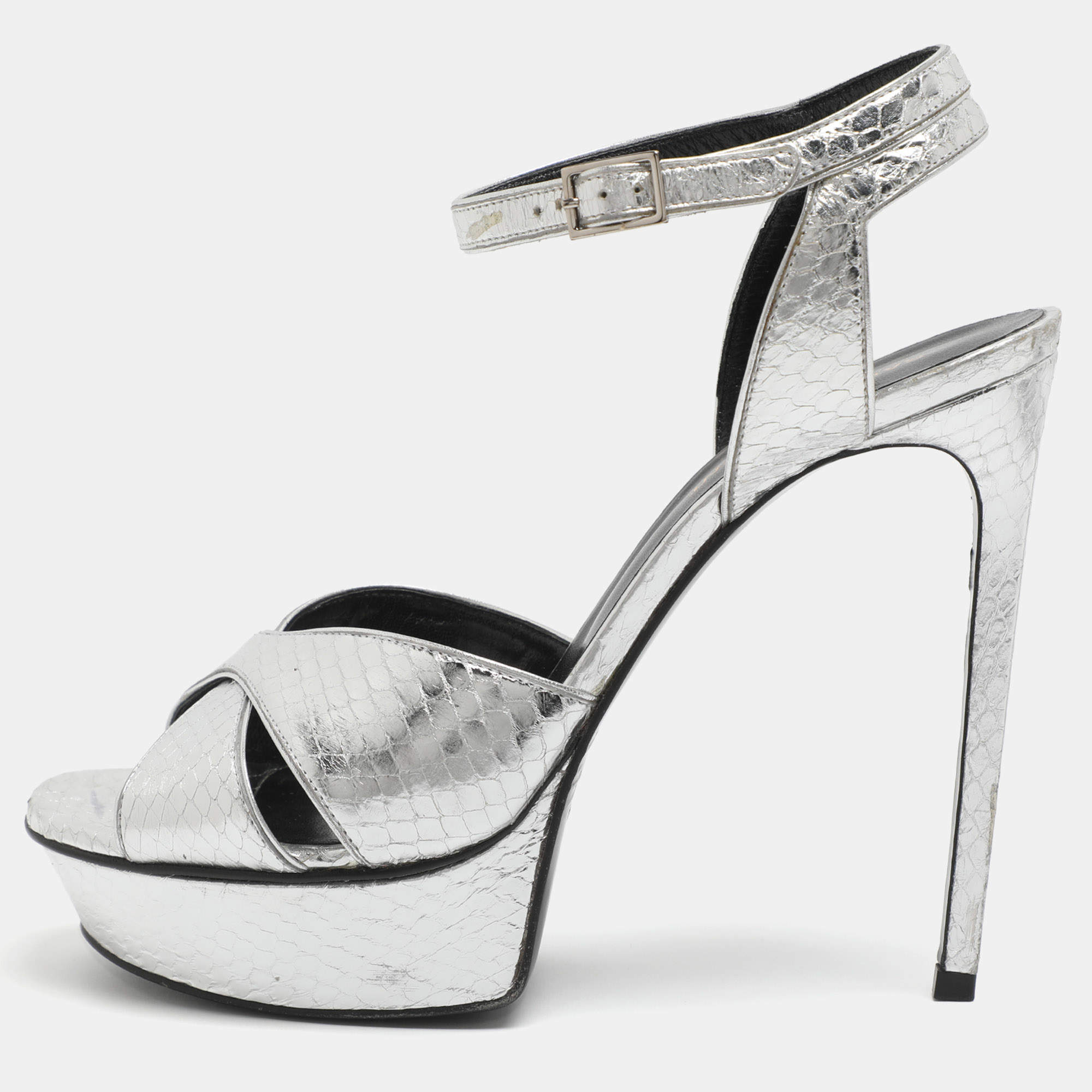 مملوكة مسبقًا Saint Laurent Paris Bianca Size 39.5 Silver Python Leather Platform Sandals