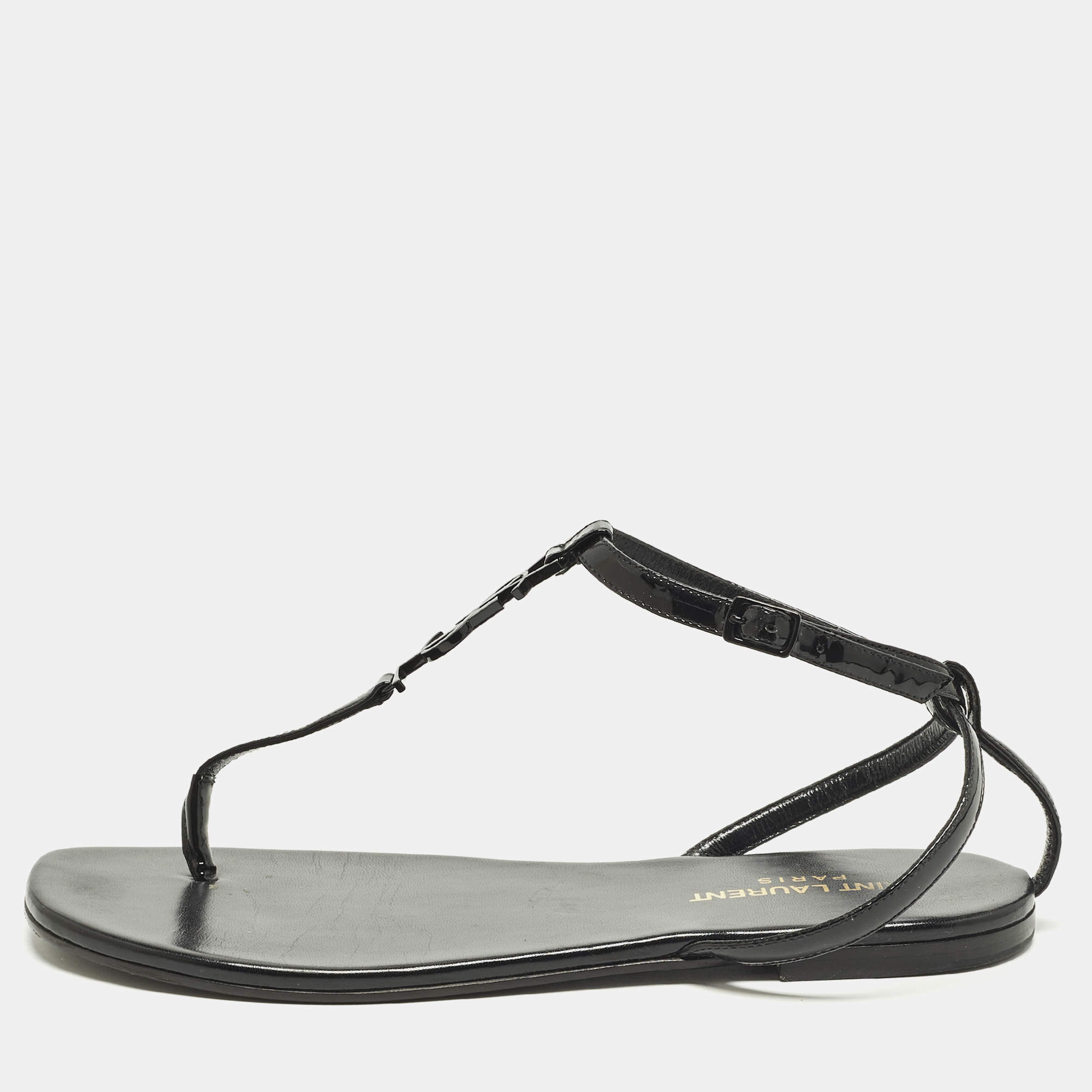 مملوكة مسبقًا Saint Laurent Cassandra Size 37 Black Leather and Patent Leather Flat Sandals