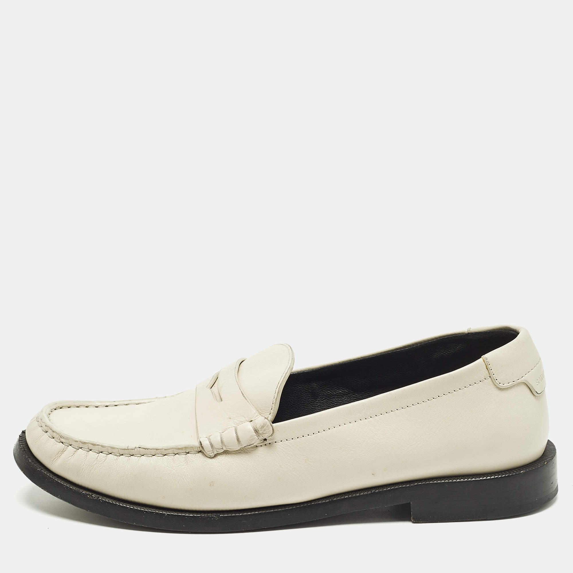 Pre Owned Saint Laurent Size 38 Cream Leather Loafers