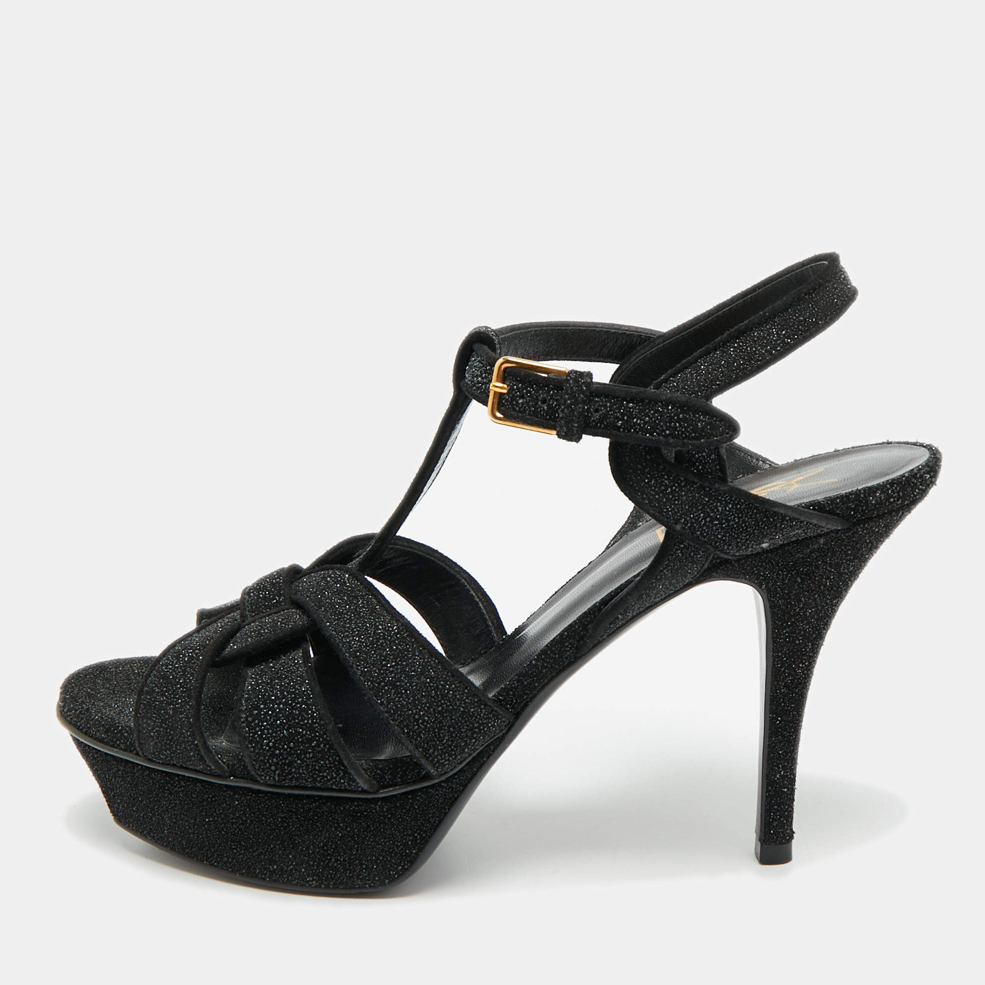 مملوكة مسبقًا Saint Laurent Tribute Size 38 Black Texture Suede Ankle Strap Sandals
