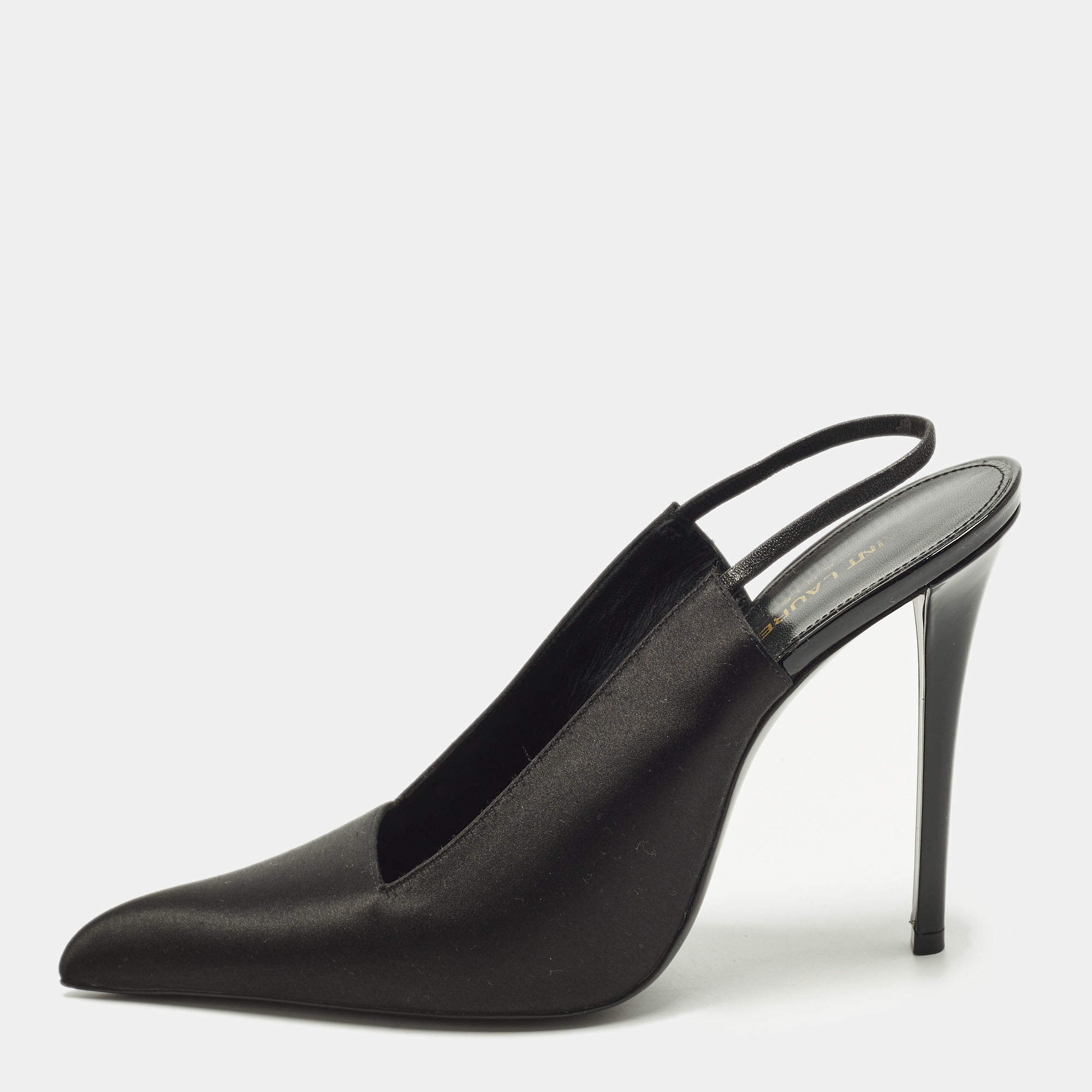 Pre Owned حذاء كعب عالي سان لوران باريس رافين ساتان أسود ورباط خلفي مقاس 39