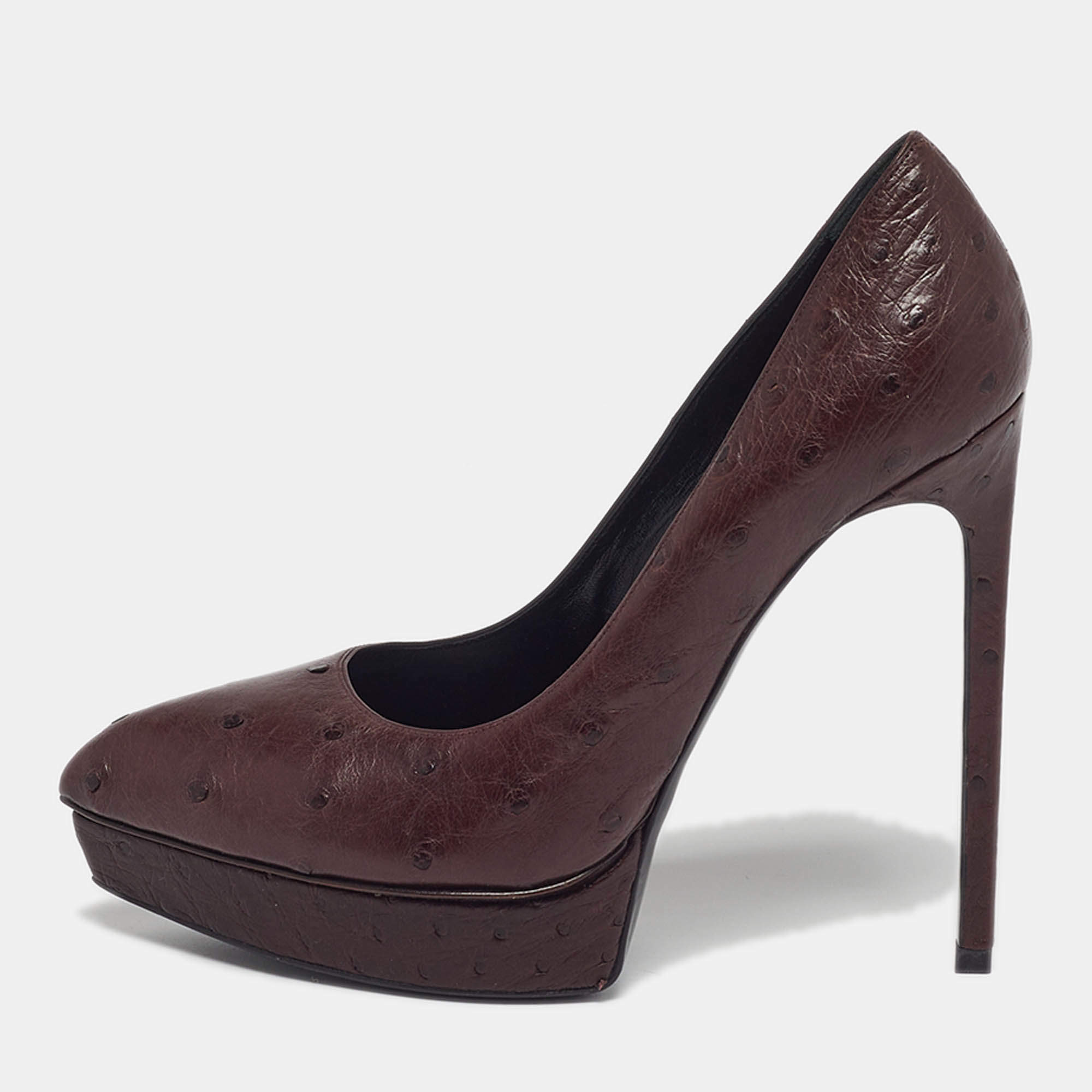 Pre Owned Saint Laurent Tribtoo Size 38 Brown Ostrich Leather Platform Pumps