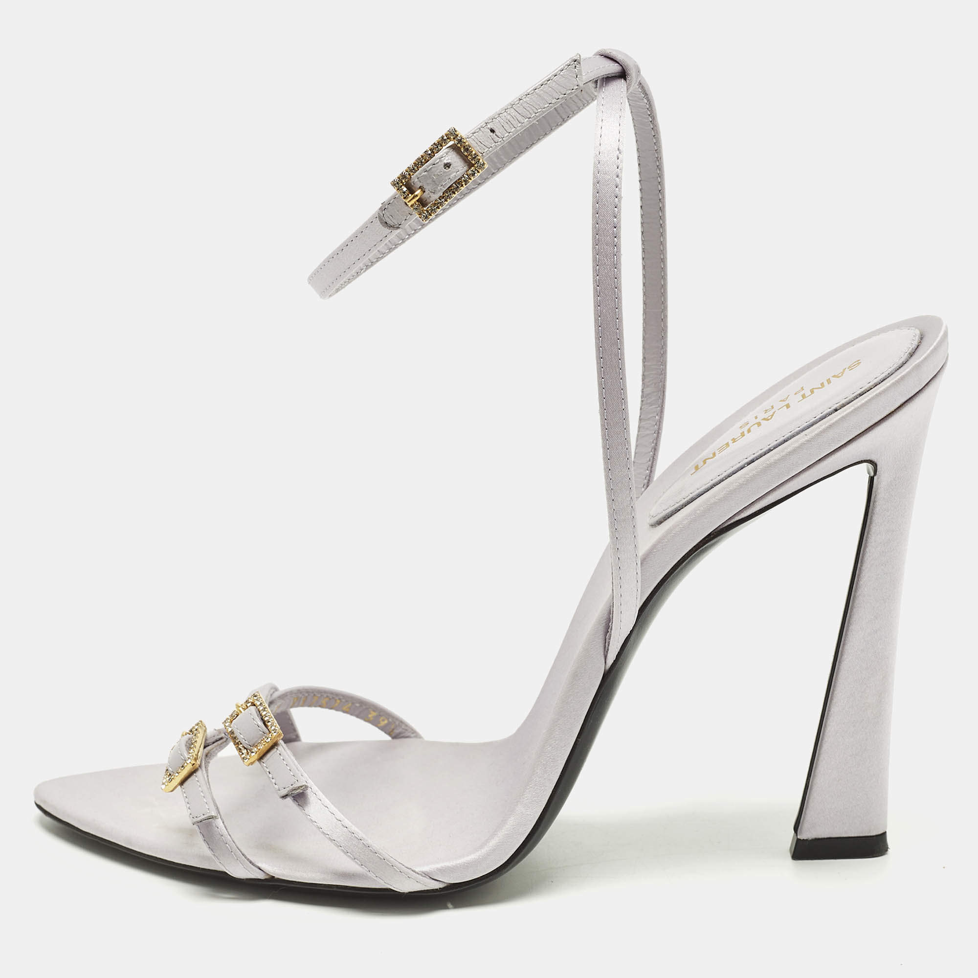 Pre Owned Saint Laurent lila110 Size 39.5 Grey Satin Ankle Strap Sandals