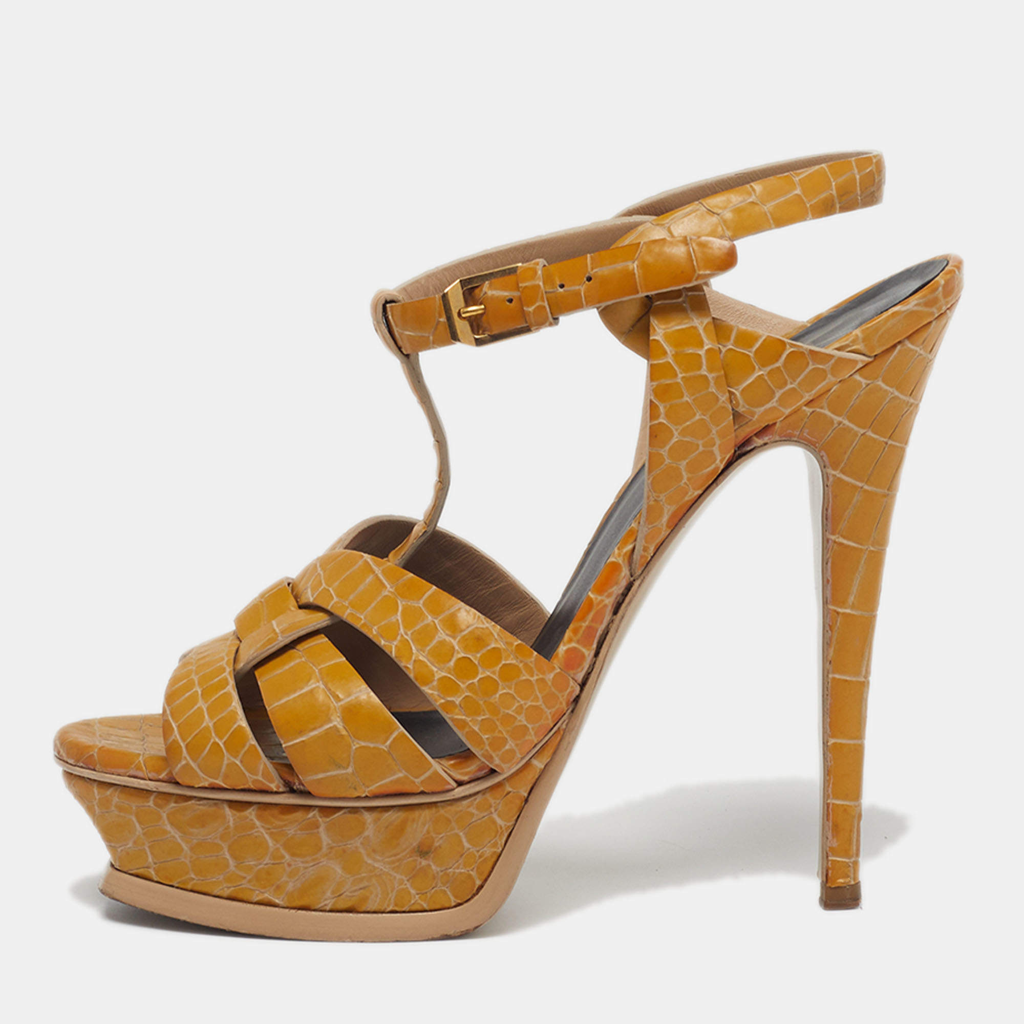 Pre Owned Saint Laurent Tribute Size 37 Yellow/Brown Croc Embossed Leather Platform Sandals