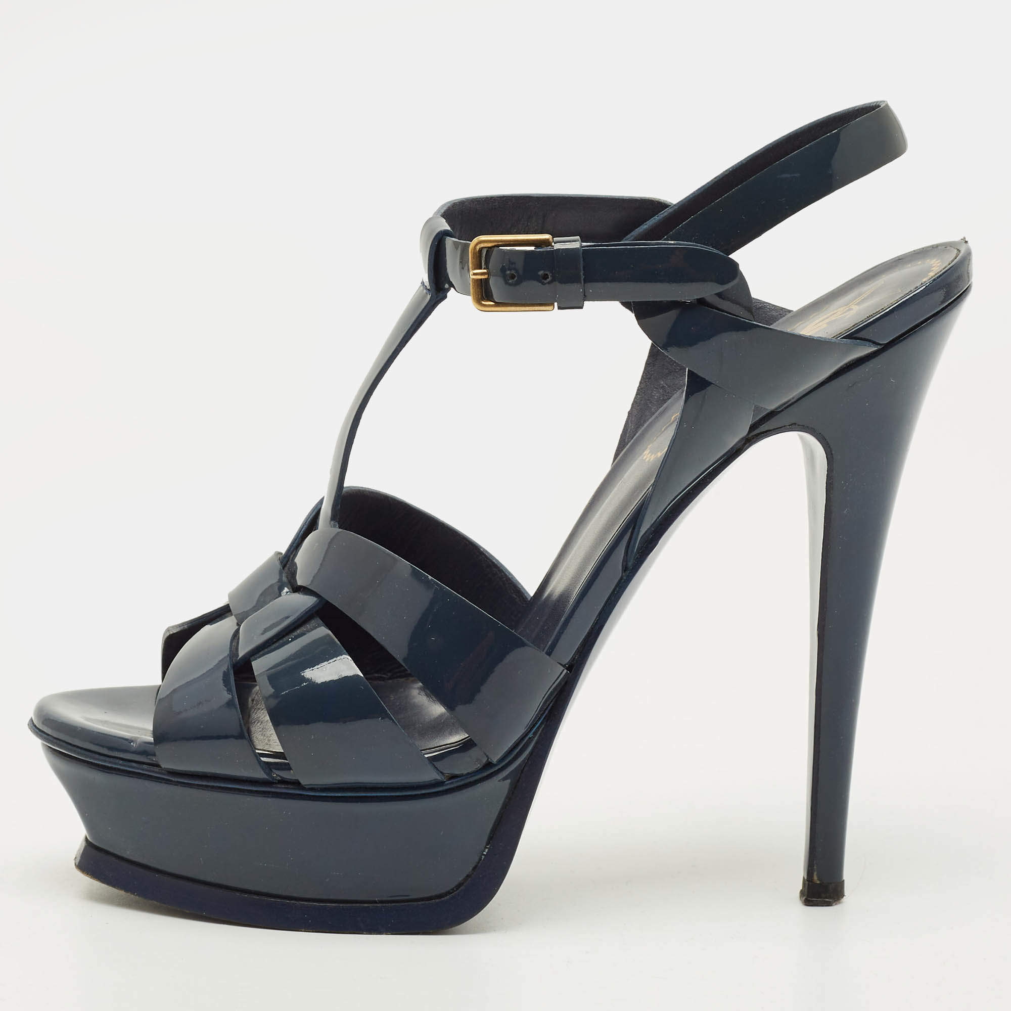 Pre Owned صندل سان لوران منصة جلد أسود لامع مقاس 39