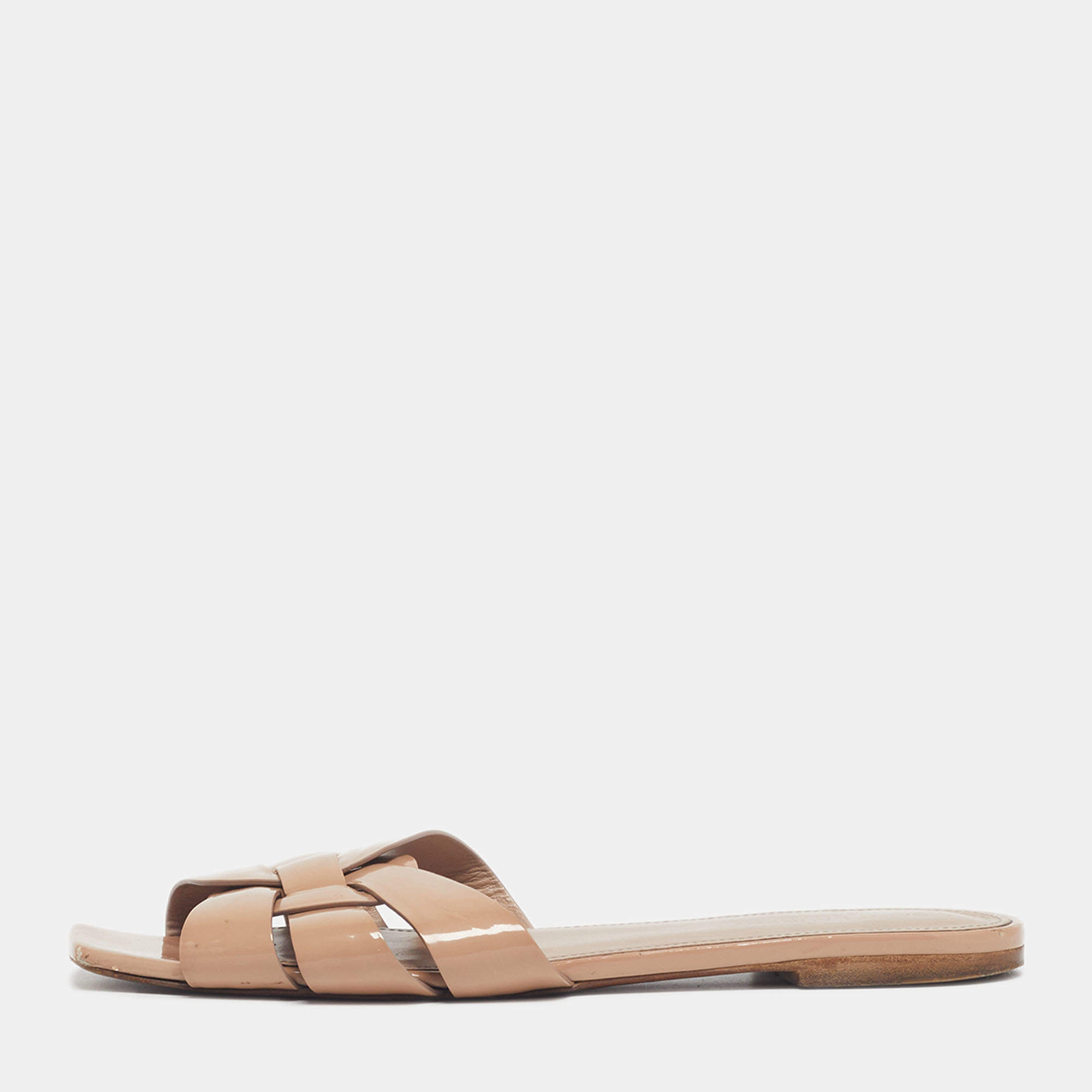 Pre Owned Saint Laurent Tribute Size 40 Beige Patent Leather Flat Sandals