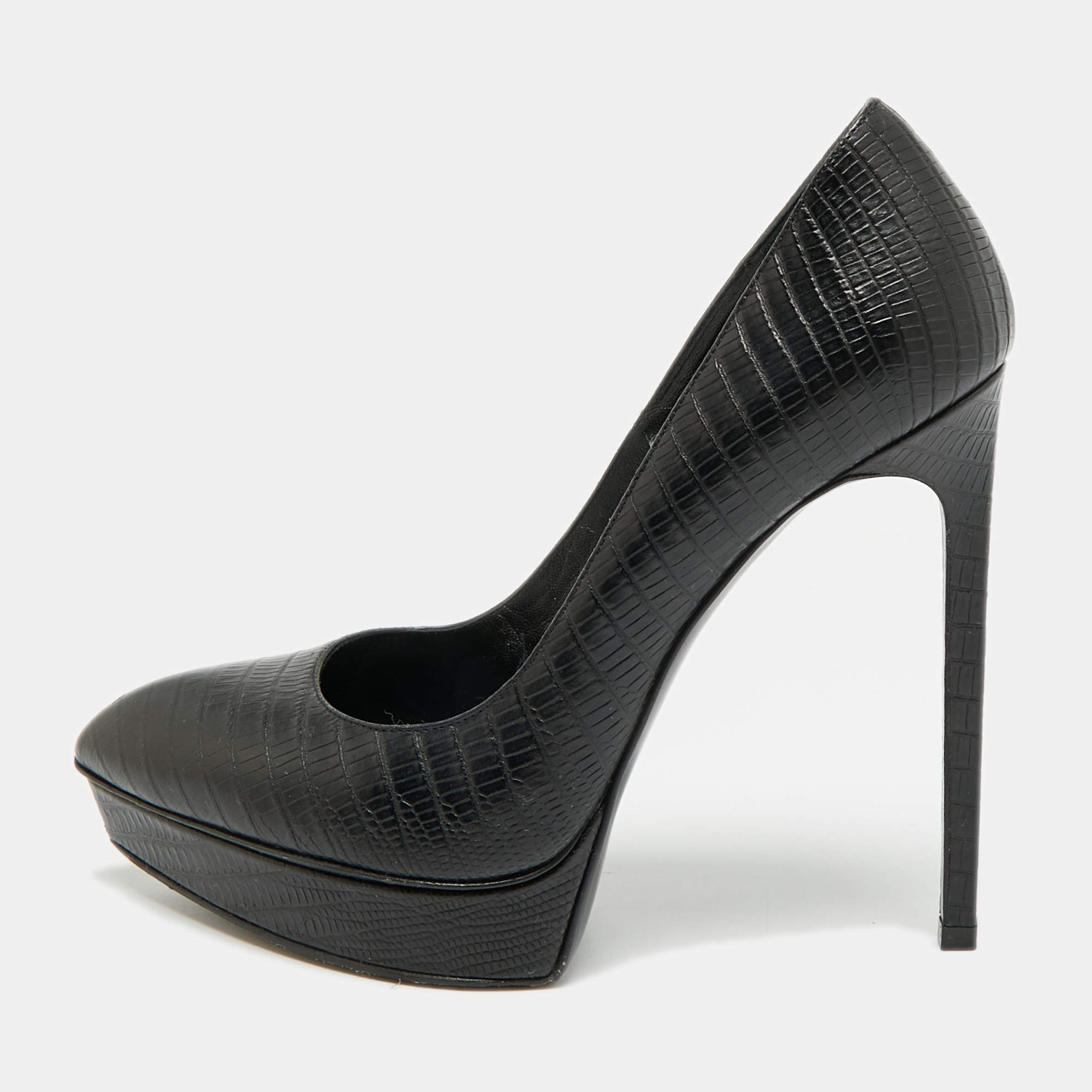 Pre Owned Saint Laurent Tribtoo Size 39.5 Black Lizard Embossed Leather Platform Pumps