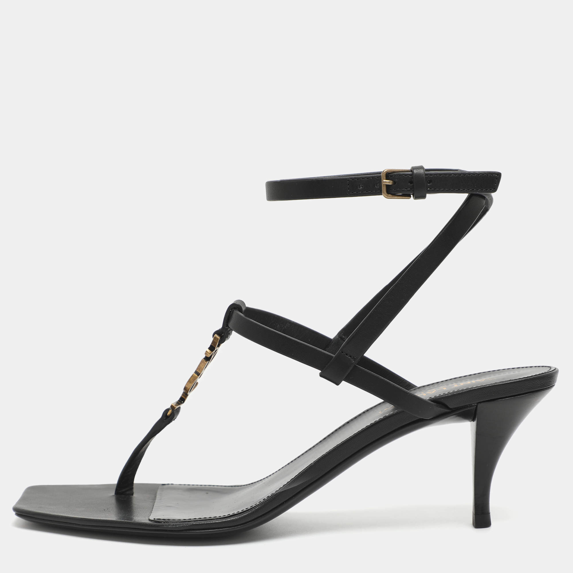 Pre Owned Saint Laurent Paris Vitti Monogram Size 38.5 Black Leather Ankle Strap Sandals