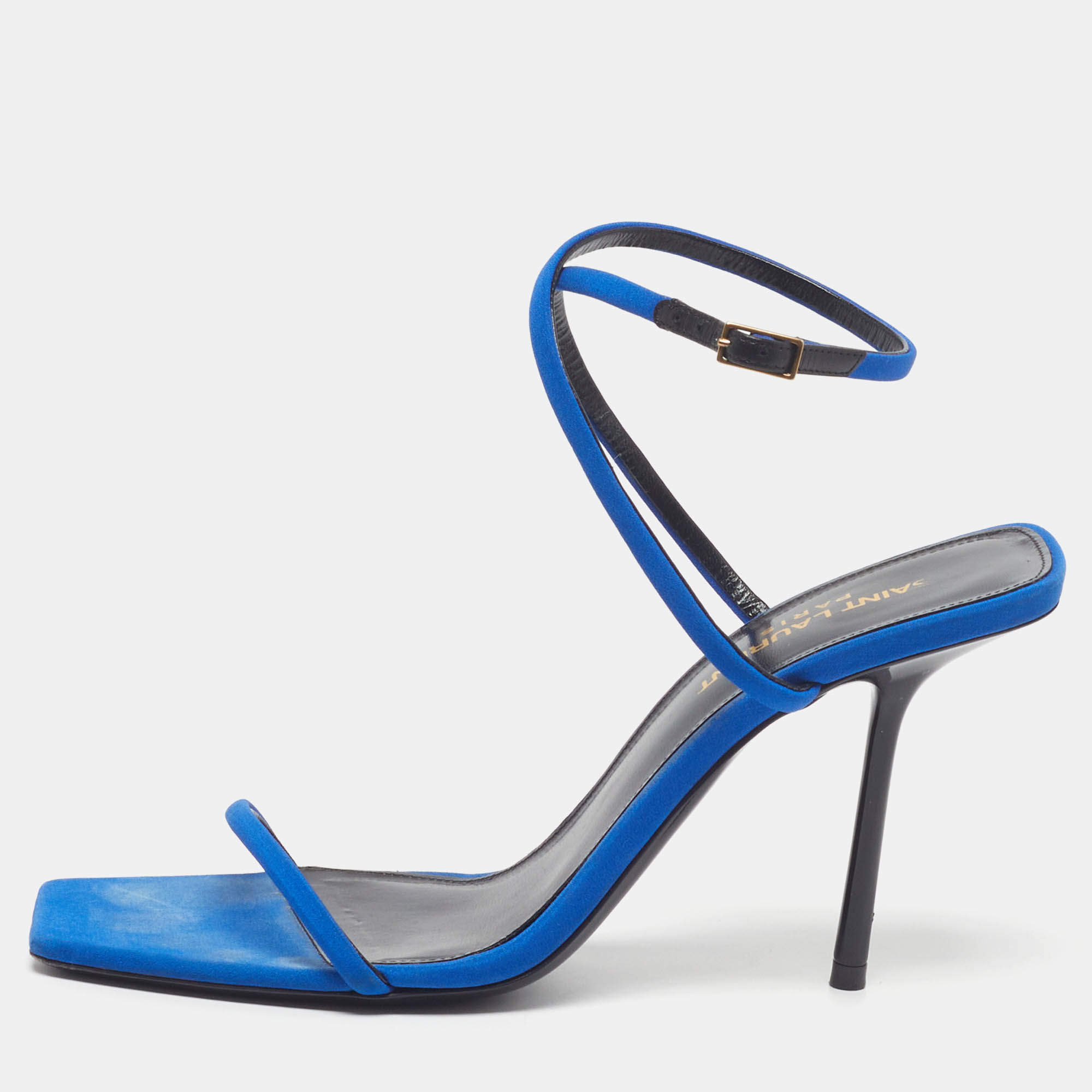 Pre Owned Saint Laurent Picasso Size 37.5 Blue Suede Ankle Strap Sandals
