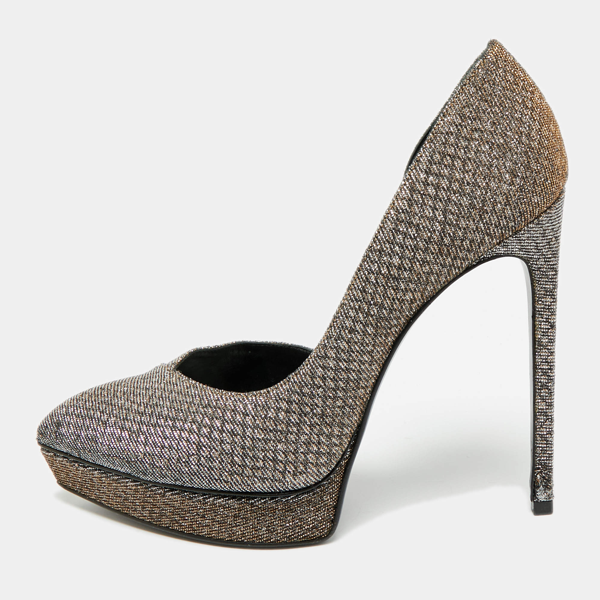 Pre Owned Saint Laurent Janis Size 39 Metallic Lurex Fabric Platform Pumps