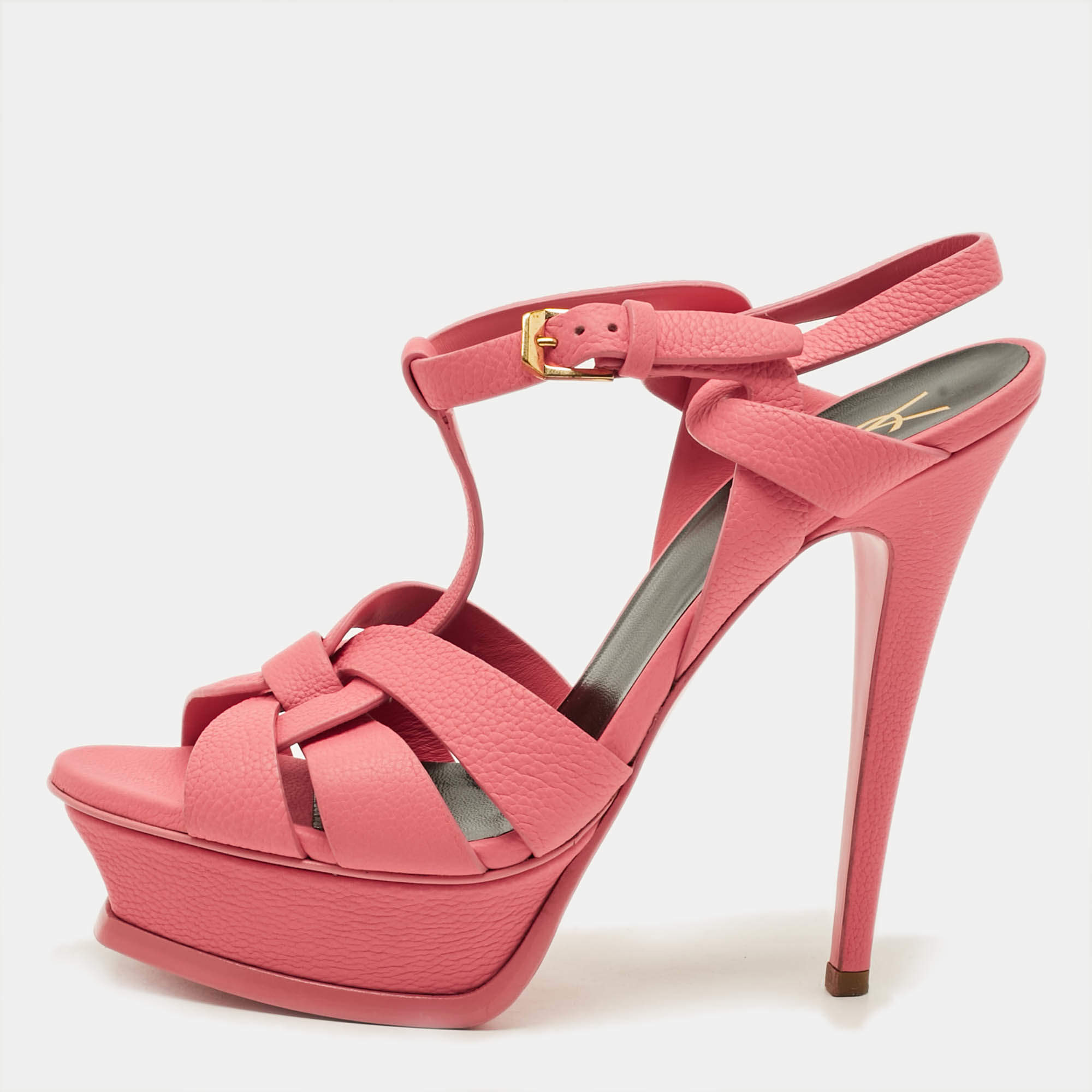 Pre Owned Saint Laurent Tribute Size 37.5 Pink Leather Platform Sandals