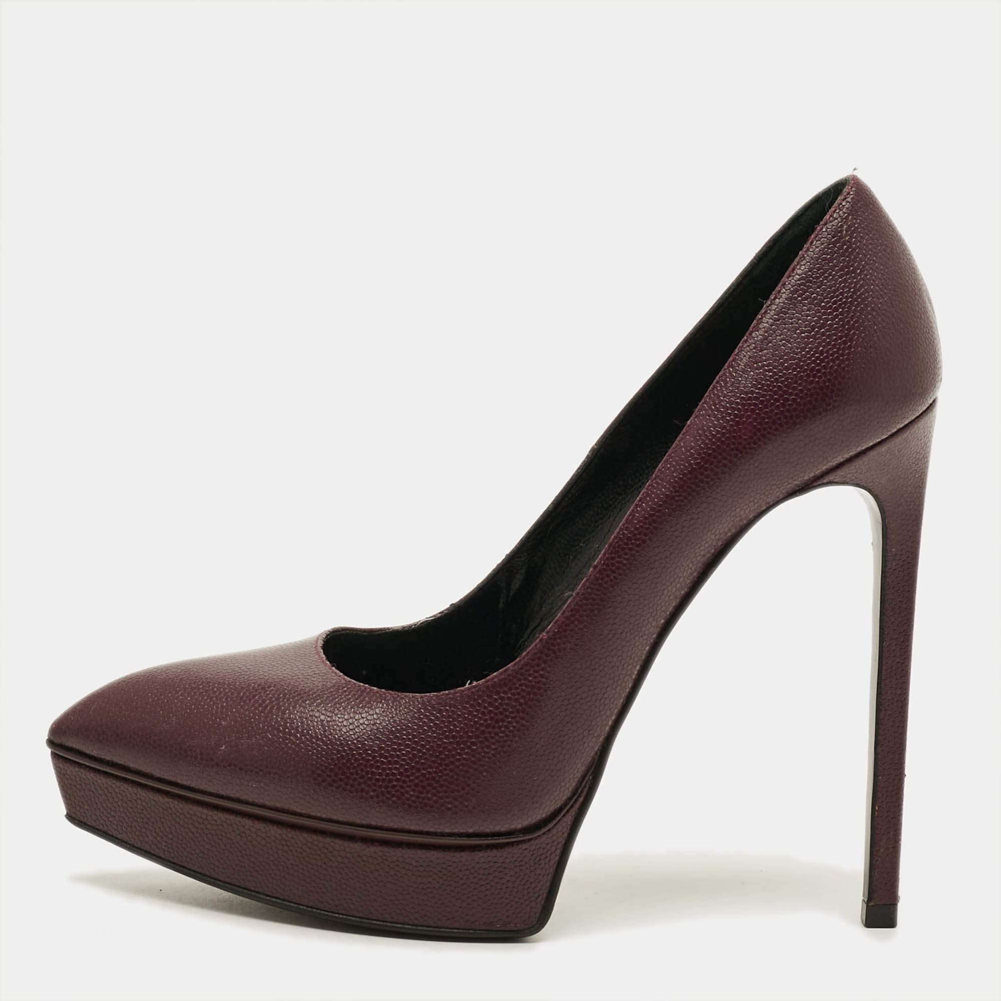 Pre Owned Saint Laurent Janis Size 38 Burgundy Leather Platform Pumps