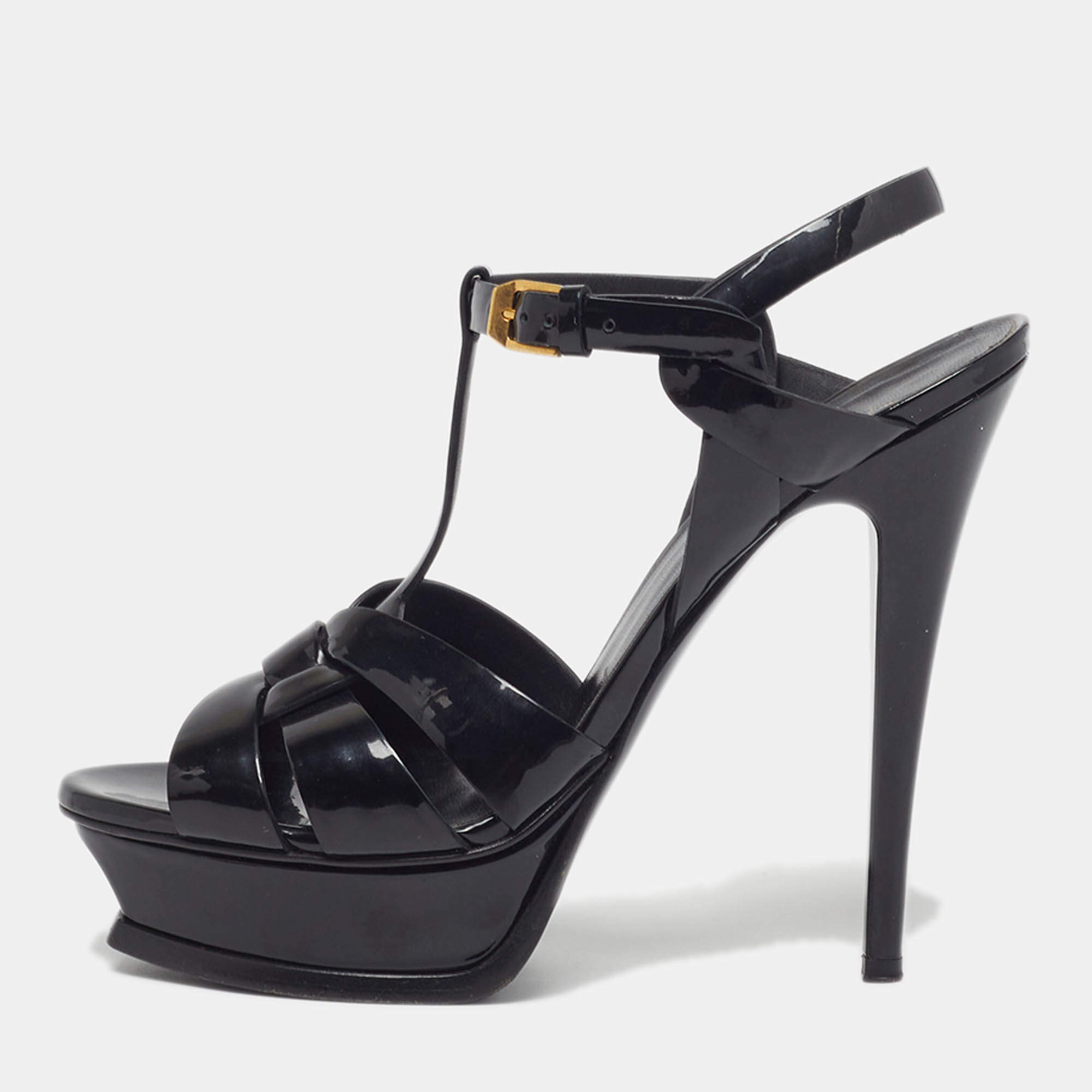 Pre Owned Saint Laurent Tribute Size 39 Black Leather Platform Sandals