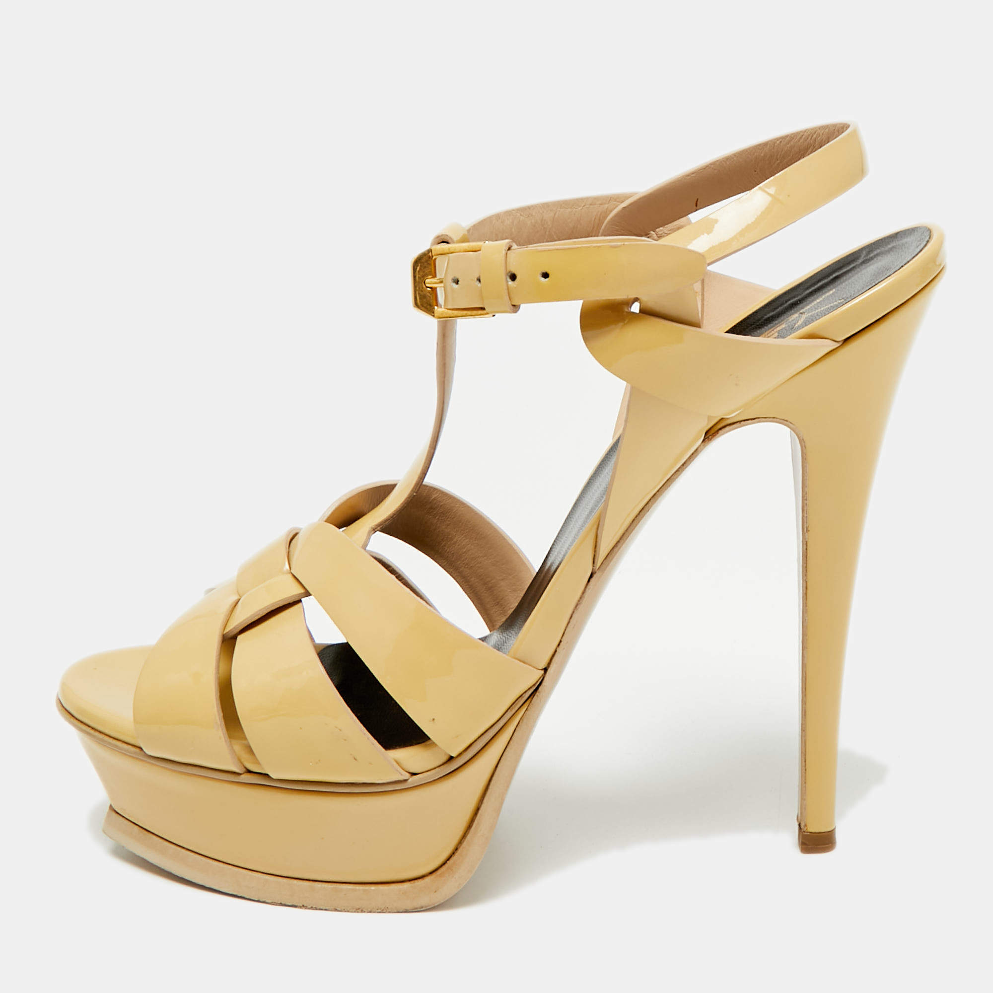 Pre Owned Saint Laurent Tribute Size 39 Beige Patent Leather Platform Sandals