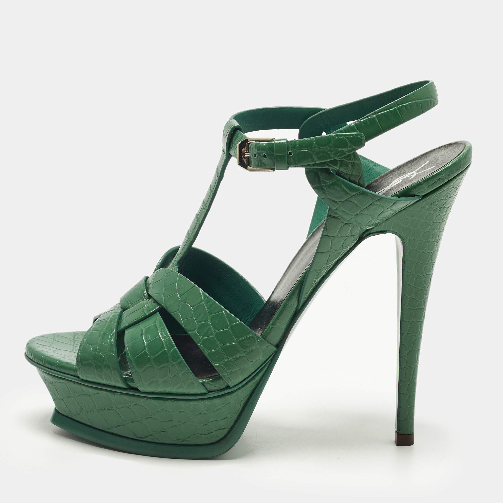 مملوكة مسبقًا Saint Laurent Tribute Size 39 Green Croc Embossed Leather Ankle Strap Sandals