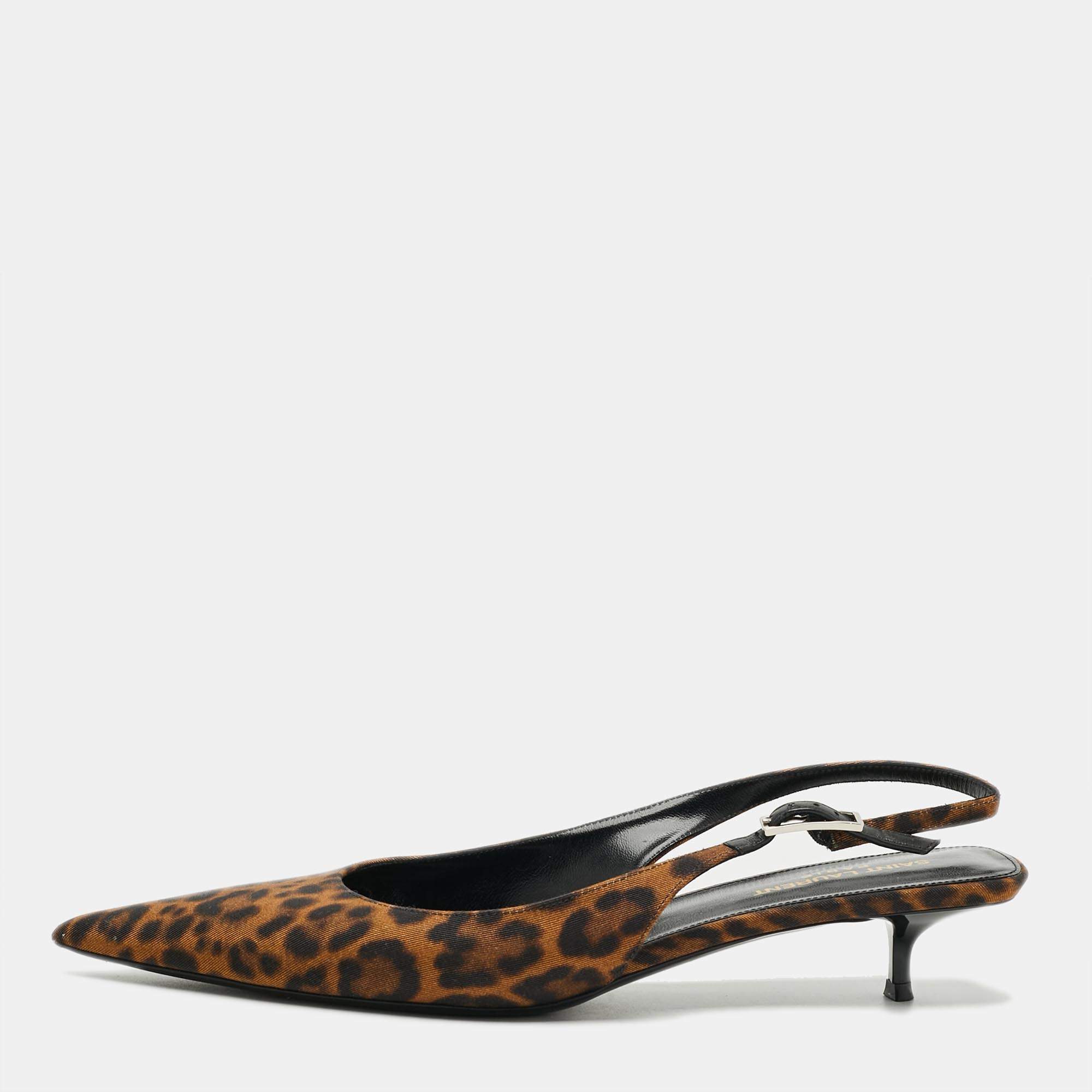 مملوكة مسبقًا Saint Laurent Size 39.5 Brown/Black Leopard Print Canvas Cherish Slingback Pumps 