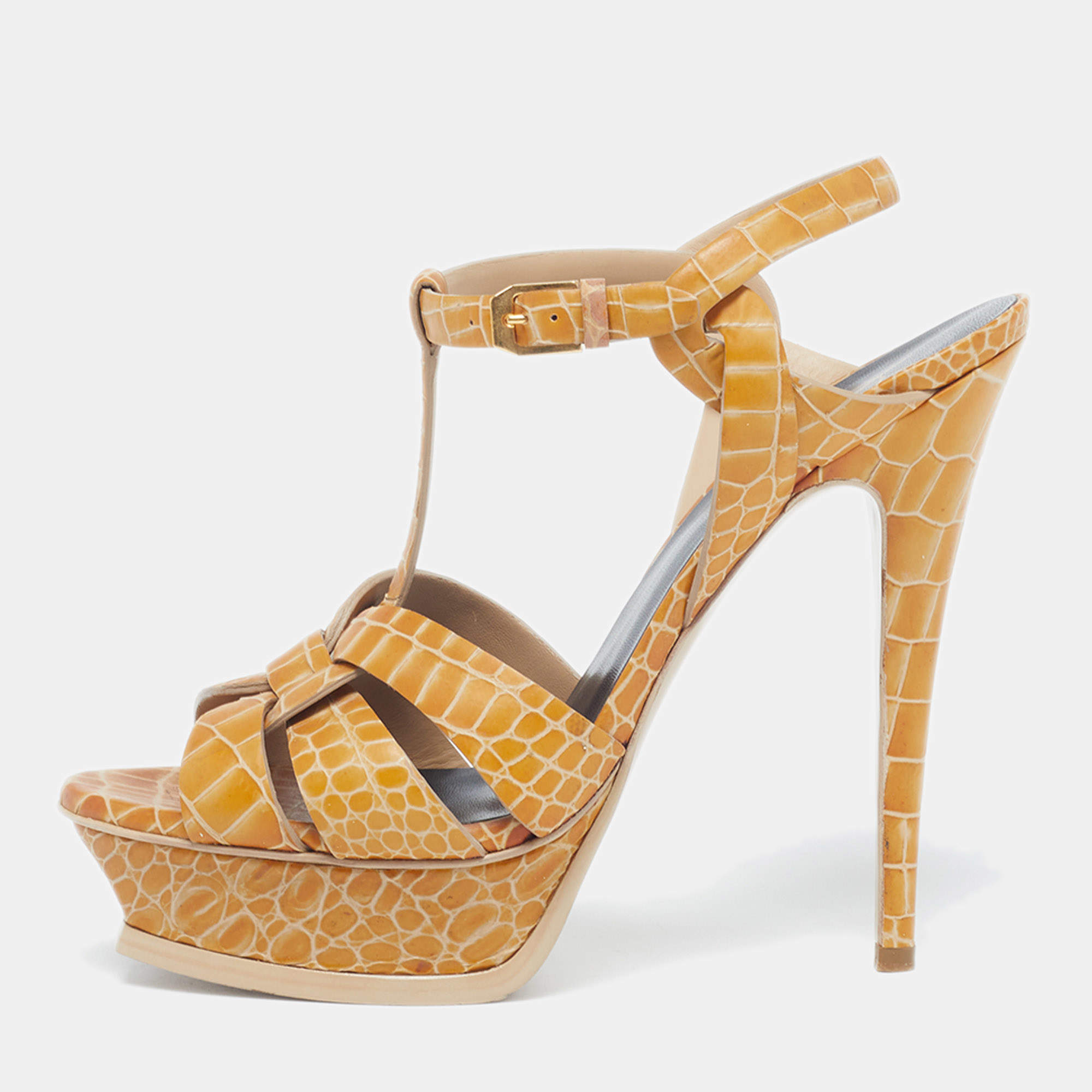 مملوكة مسبقًا صندل سان لوران تربيون جلد ذهبي بنقشة التمساح بنعل سميك مقاس 38