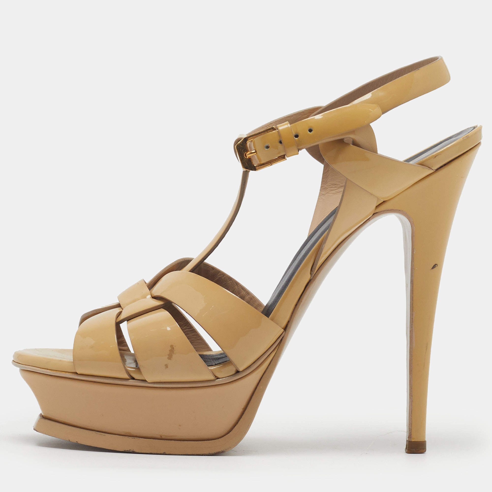 Pre Owned Saint Laurent Tribute Size 38 Beige Patent Leather Platform Sandals