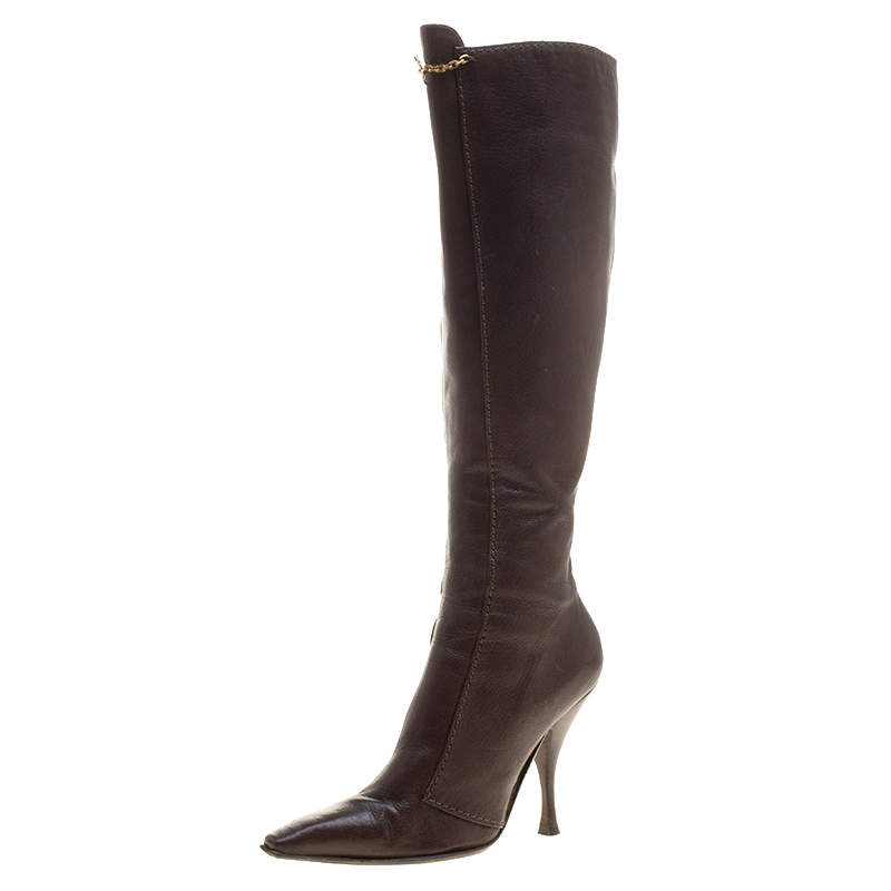 مملوكة مسبقًا Saint Laurent Paris Brown Leather Knee Length Boots Size 38.5
