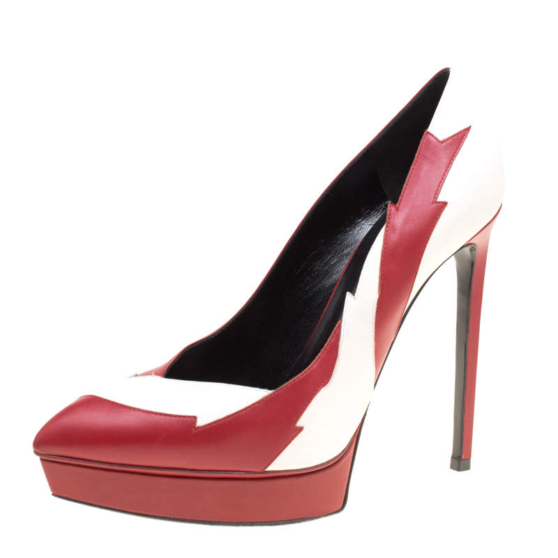 مملوكة مسبقًا Saint Laurent Paris Two Tone Leather Lightning Bolt Platform Pumps Size 39.5