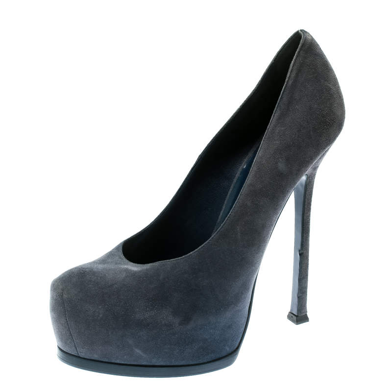 حذاء كعب عالي سان لوران باريس نعل سميك تريبتو سويدي أزرق مقاس 37.5