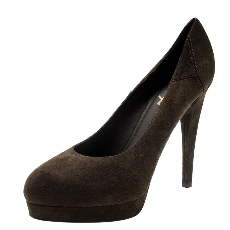 Saint Laurent Paris Olive Green Suede Platform Pumps 38