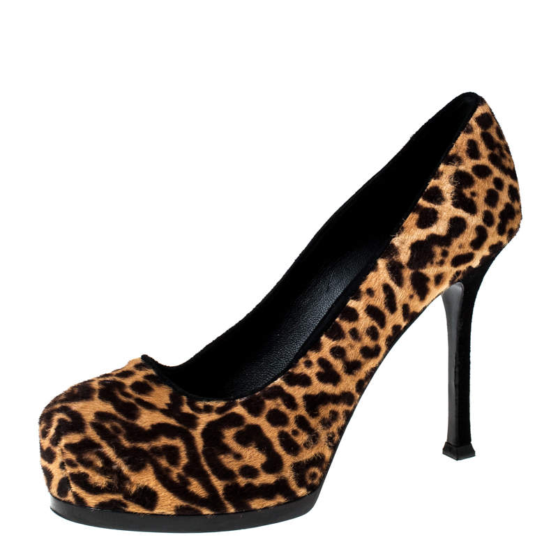 Saint Laurent Paris Beige/Brown Leopard Print Pony Hair Tribtoo Platform Pumps Size 36