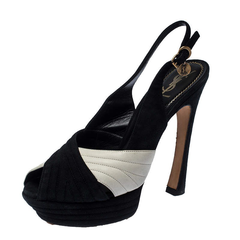 مملوكة مسبقًا صندل سان لوران باريس بسيور متعاكس و بنعل سميك سويدي و جلد أسود و أبيض مقاس 38.5