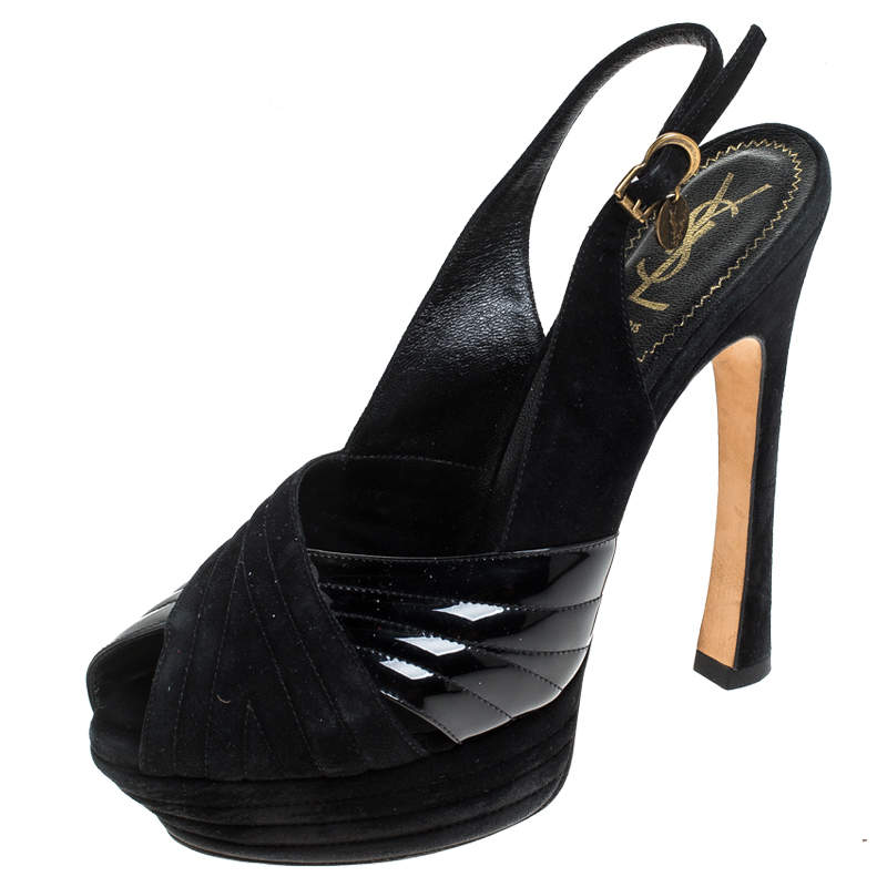 Pre Owned Saint Laurent Paris Black Criss Cross Suede and Patent Leather Slingback Platform Sandals Size 40