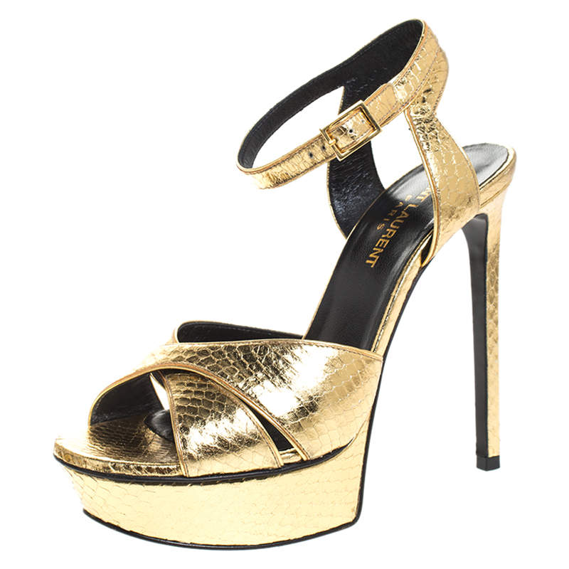 مملوكة مسبقًا Saint Laurent Paris Gold Python Embossed Leather Bianca Platform Sandals Size 36.5