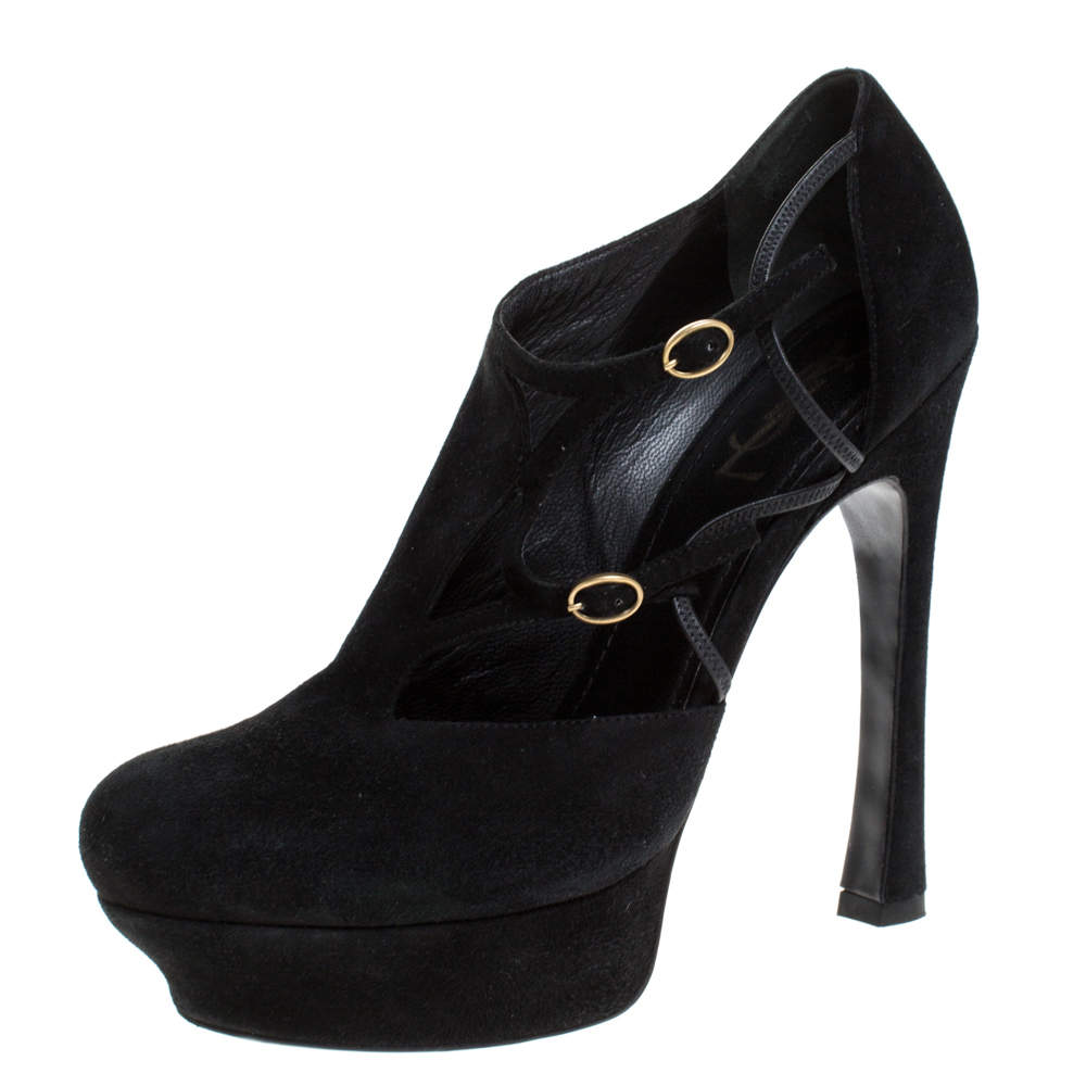 مملوكة مسبقًا Saint Laurent Paris Black Suede Round Toe Platform Pumps Size 41