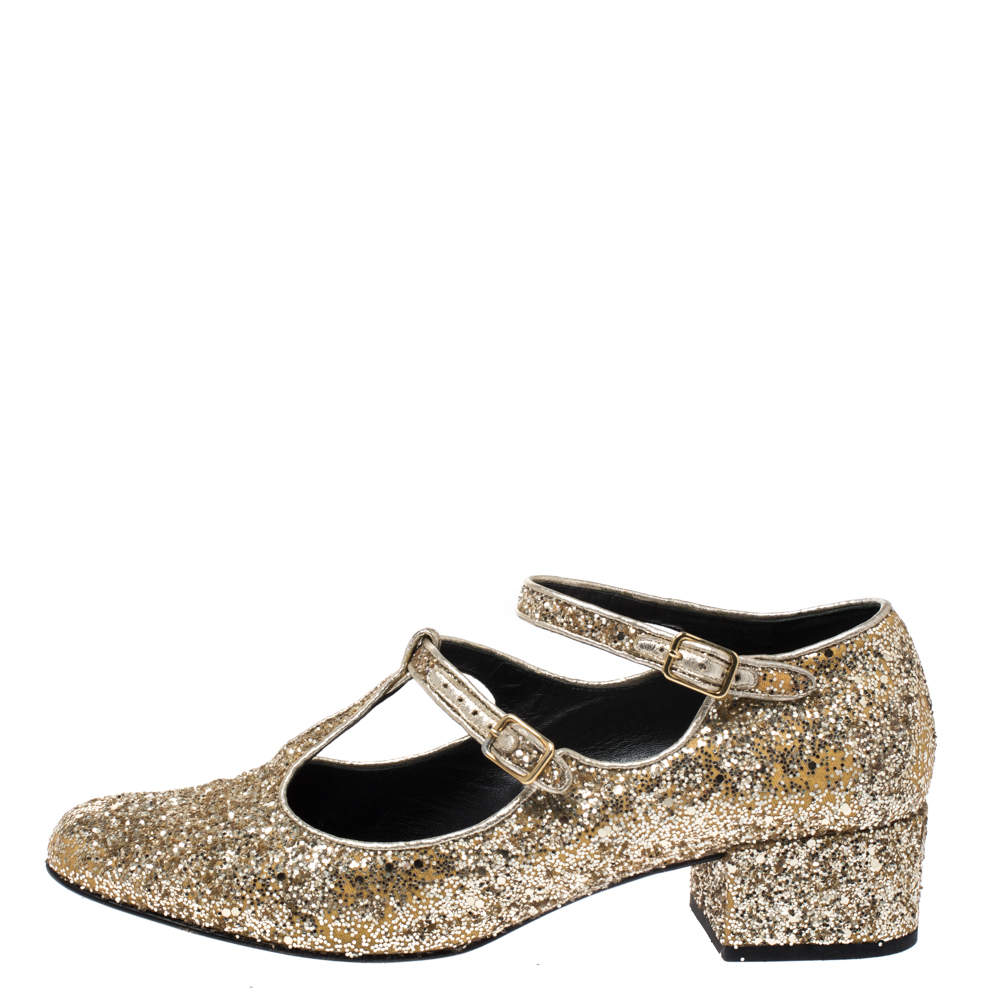 Saint Laurent Paris Gold Glitter Mary Jane Block Heel Pumps Size