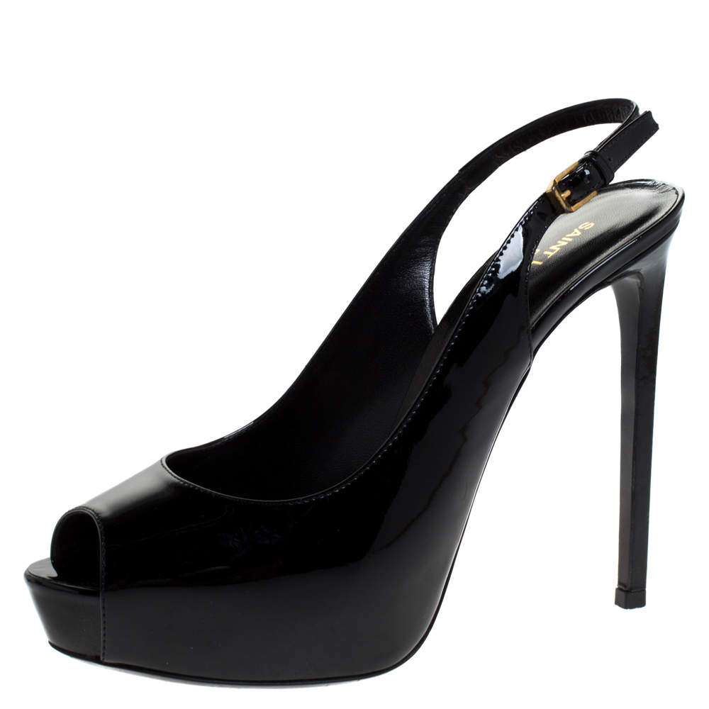 Saint Laurent Black Patent Leather Peep Toe Platform Slingback Sandals Size 40