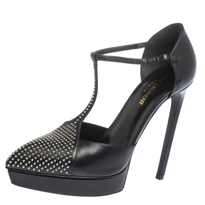 Pre Owned Saint Laurent Paris Black Leather Janis Studded T Strap Platform Pumps Size 38
