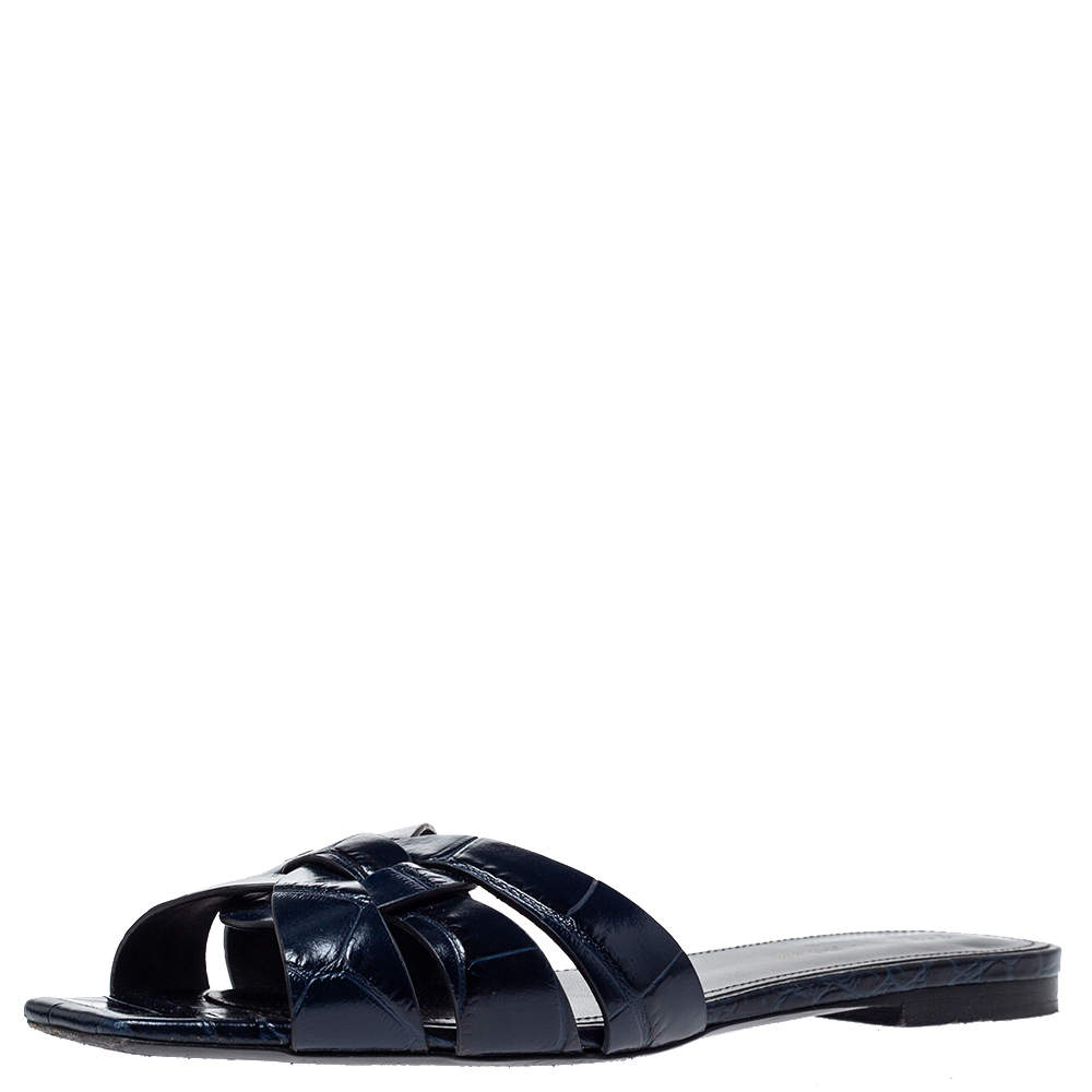 Pre Owned صندل سلايدز فلات سان لوران باريس تريبوت جلد نقش تمساح  أزرق مقاس 37.5