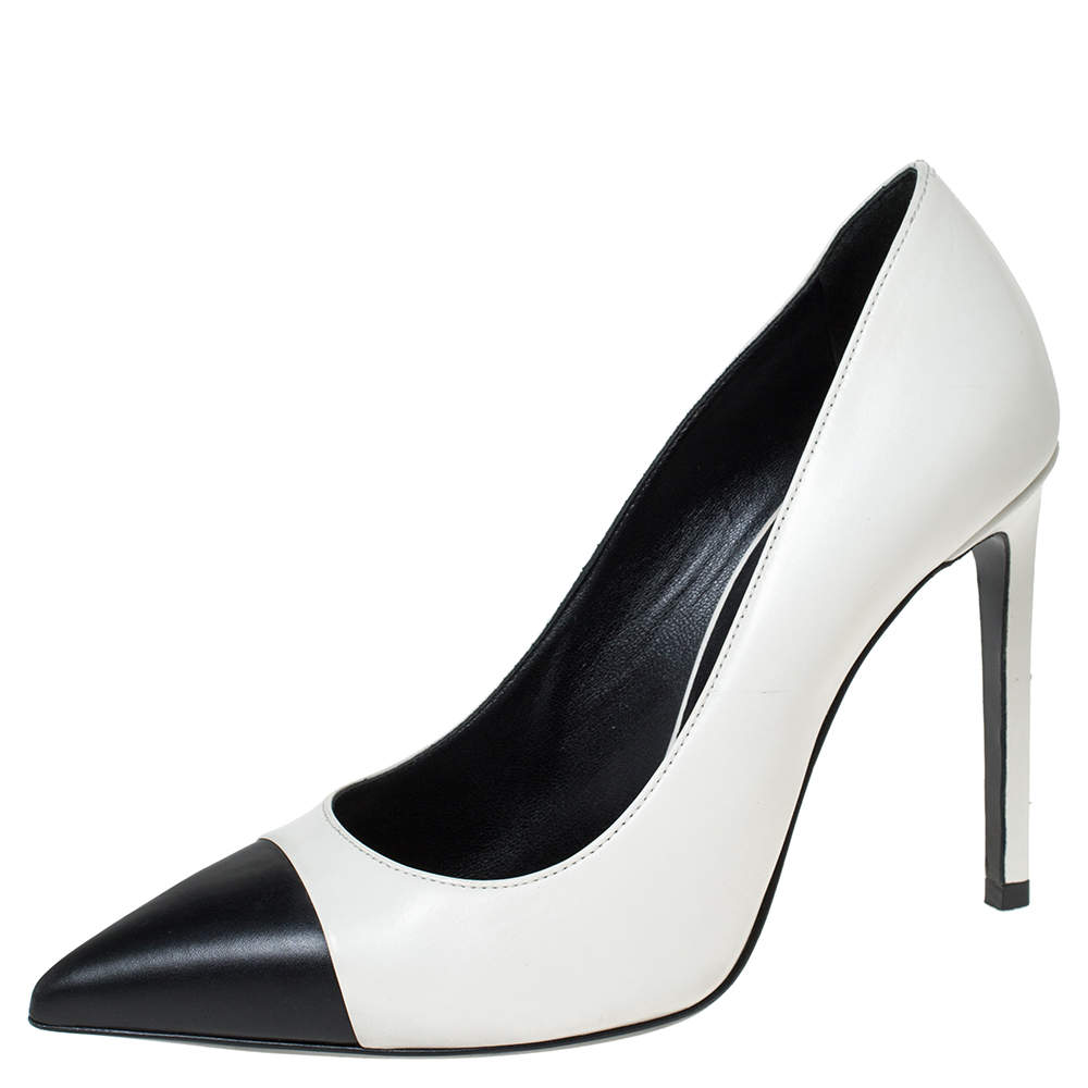 Pre Owned حذاء كعب عالي سان لوران باريس مقدمة مدببة غطاء مقدمة جلد ثنائي اللون مقاس 36.5 