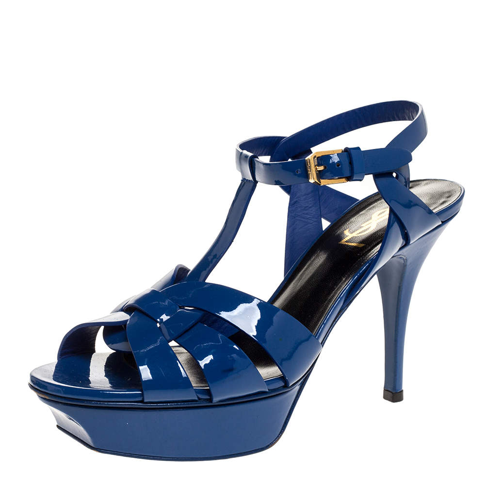 Saint Laurent Paris Blue Patent Leather Tribute Platform Sandals Size 38