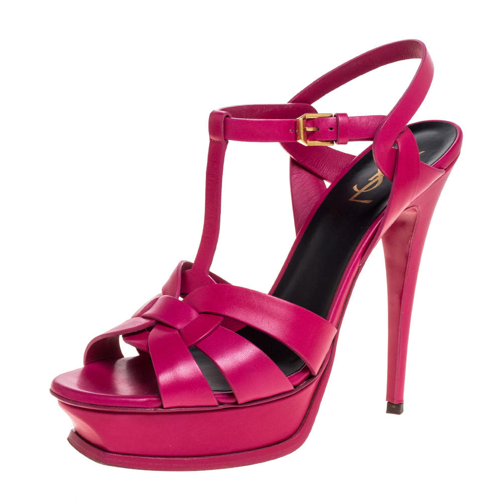 مملوكة مسبقًا صندل سان لوران باريس سير كاحل نعل سميك تربيوت جلد وردى مقاس 41