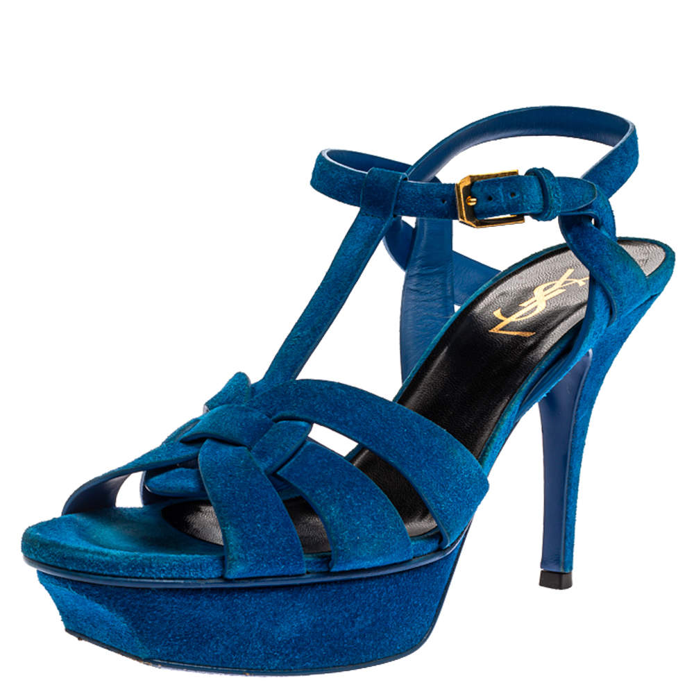 مملوكة مسبقًا Saint Laurent Aegean Blue Suede Tribute Platform Ankle Strap Sandals Size 38