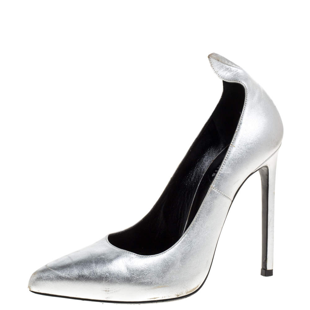 Saint Laurent Paris Silver Leather Thorn Pointed Toe Pumps Size 37