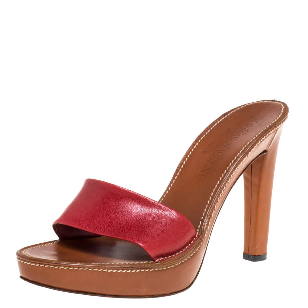 Saint Laurent Paris Red Leather Platform Slide Sandals Size 38