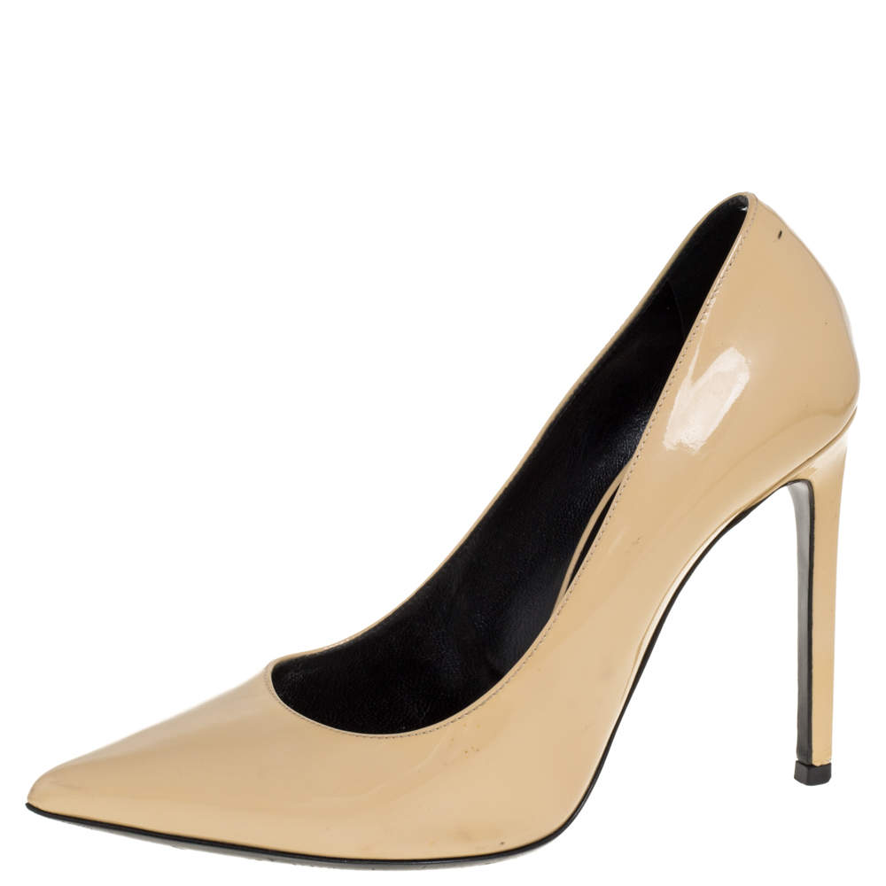 Pre Owned حذاء كعب عالي سان لوران باريس جلد بيج مقدمة مدببة مقاس 38