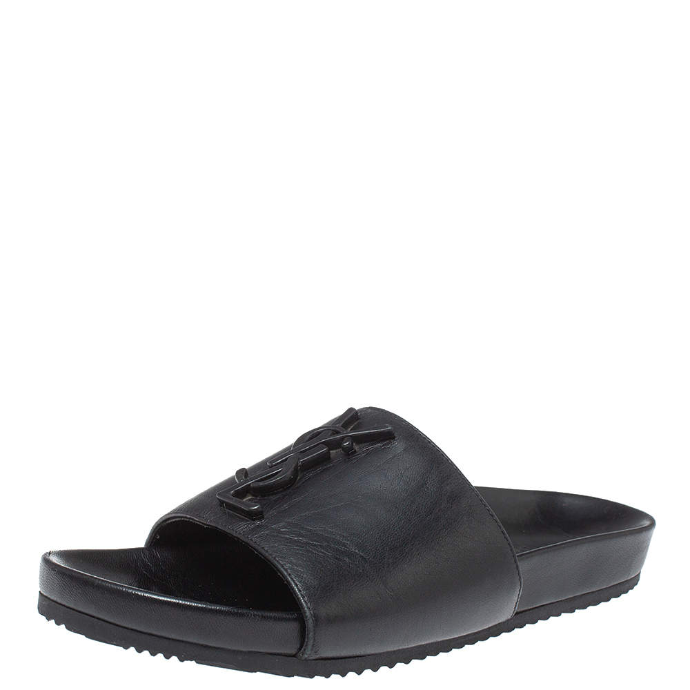 حذاء سلايدز سان لوران باريس فلات شعار جلد أسود مقاس 35