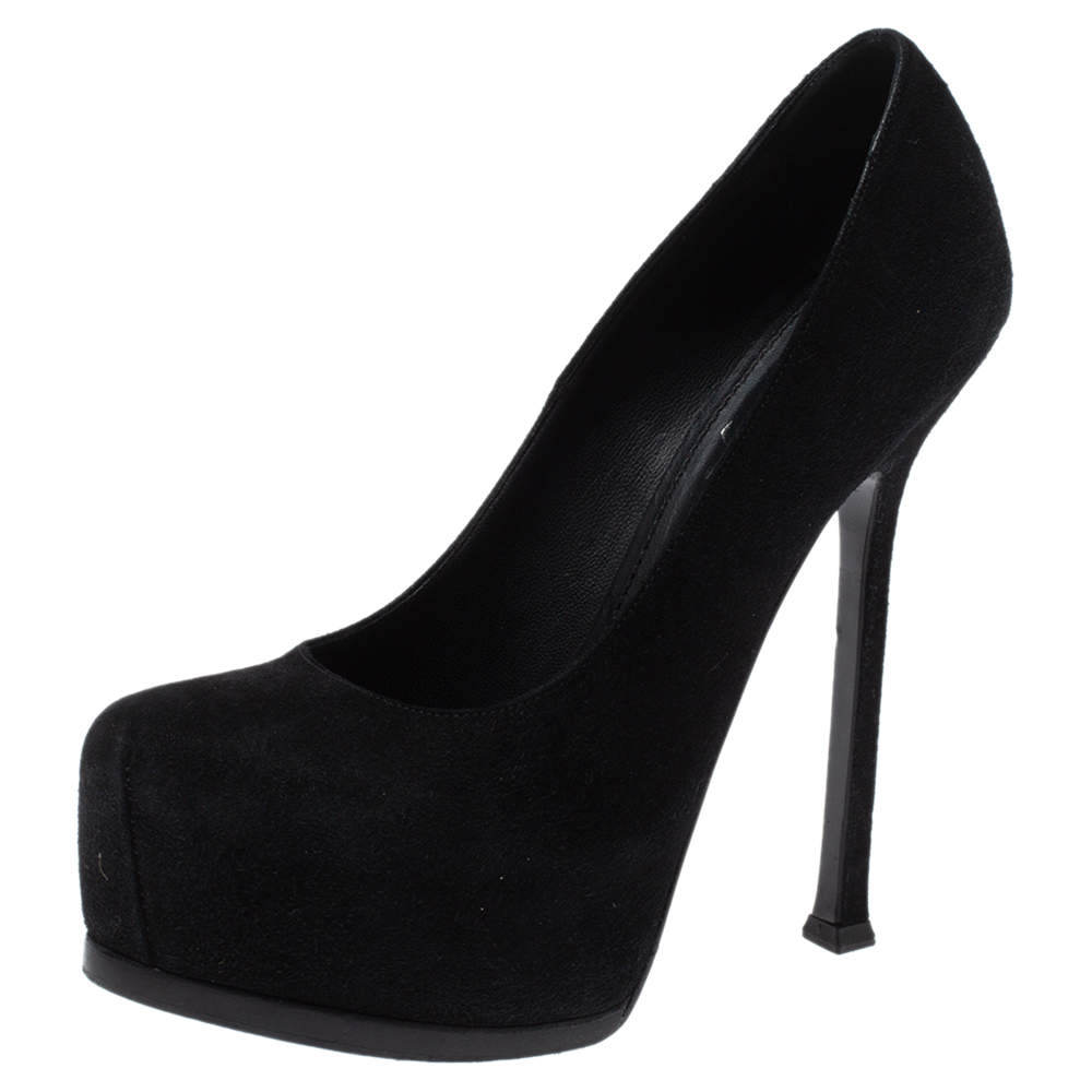 مملوكة مسبقًا Saint Laurent Paris Black Suede Tribtoo Platform Pumps Size 36.5