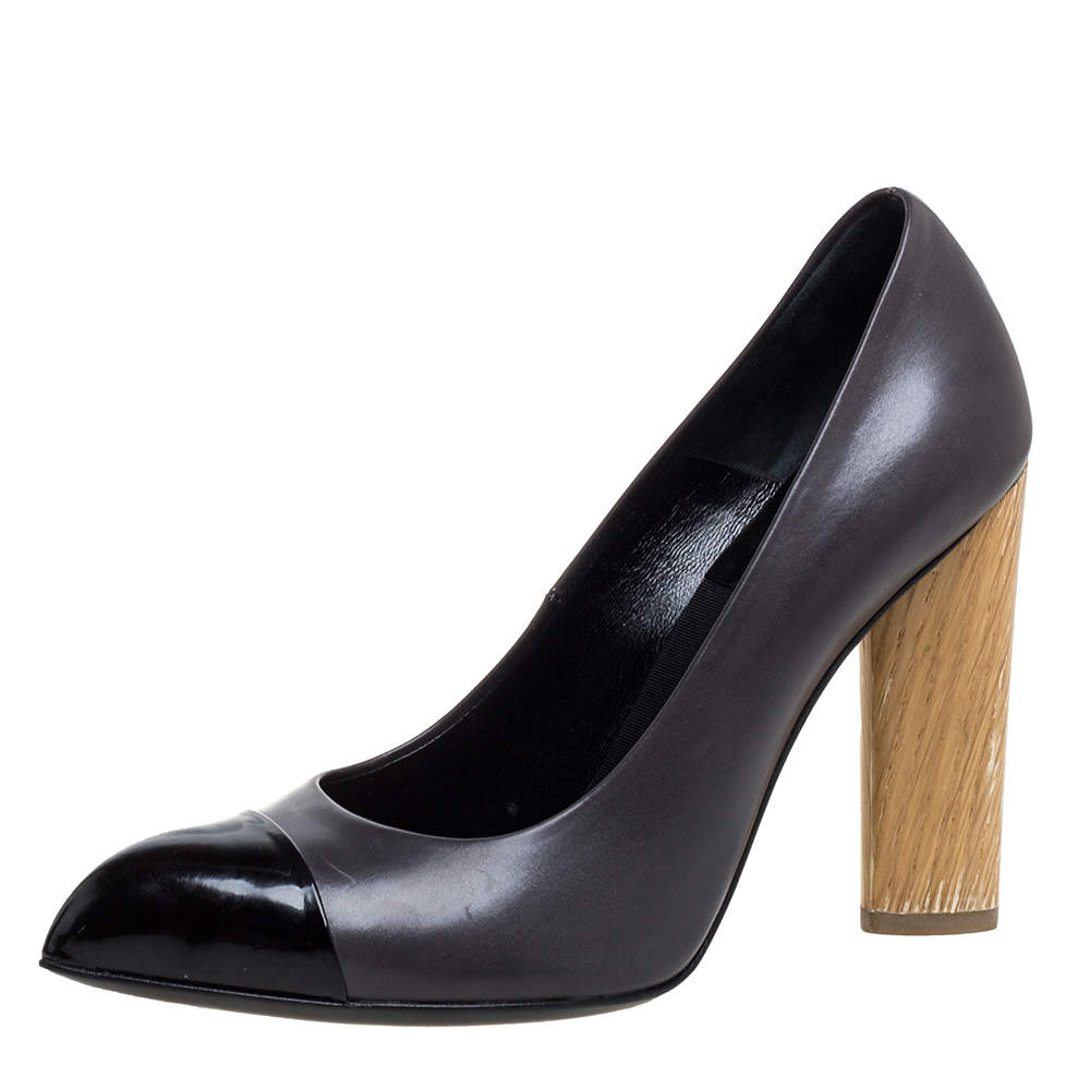 Pre Owned حذاء كعب عالى سان لوران باريس مقدمة مدببة كعب خشب جلد أسود مقاس 37.5