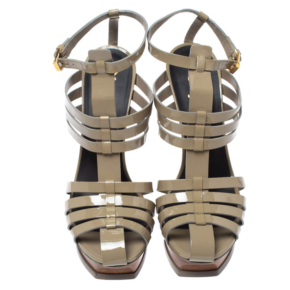 مملوكة مسبقًا Saint Laurent Paris Grey Patent Leather Tribute Gladiator Platform Sandals Size 39.5