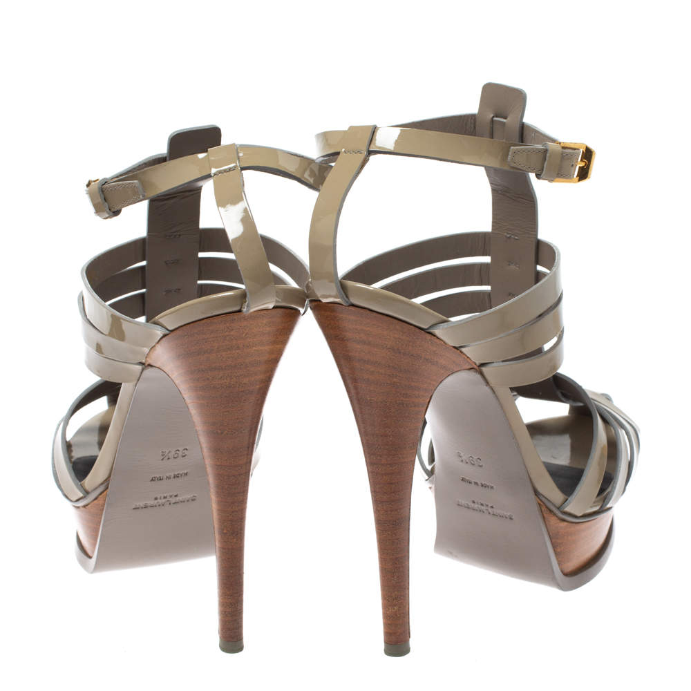مملوكة مسبقًا Saint Laurent Paris Grey Patent Leather Tribute Gladiator Platform Sandals Size 39.5